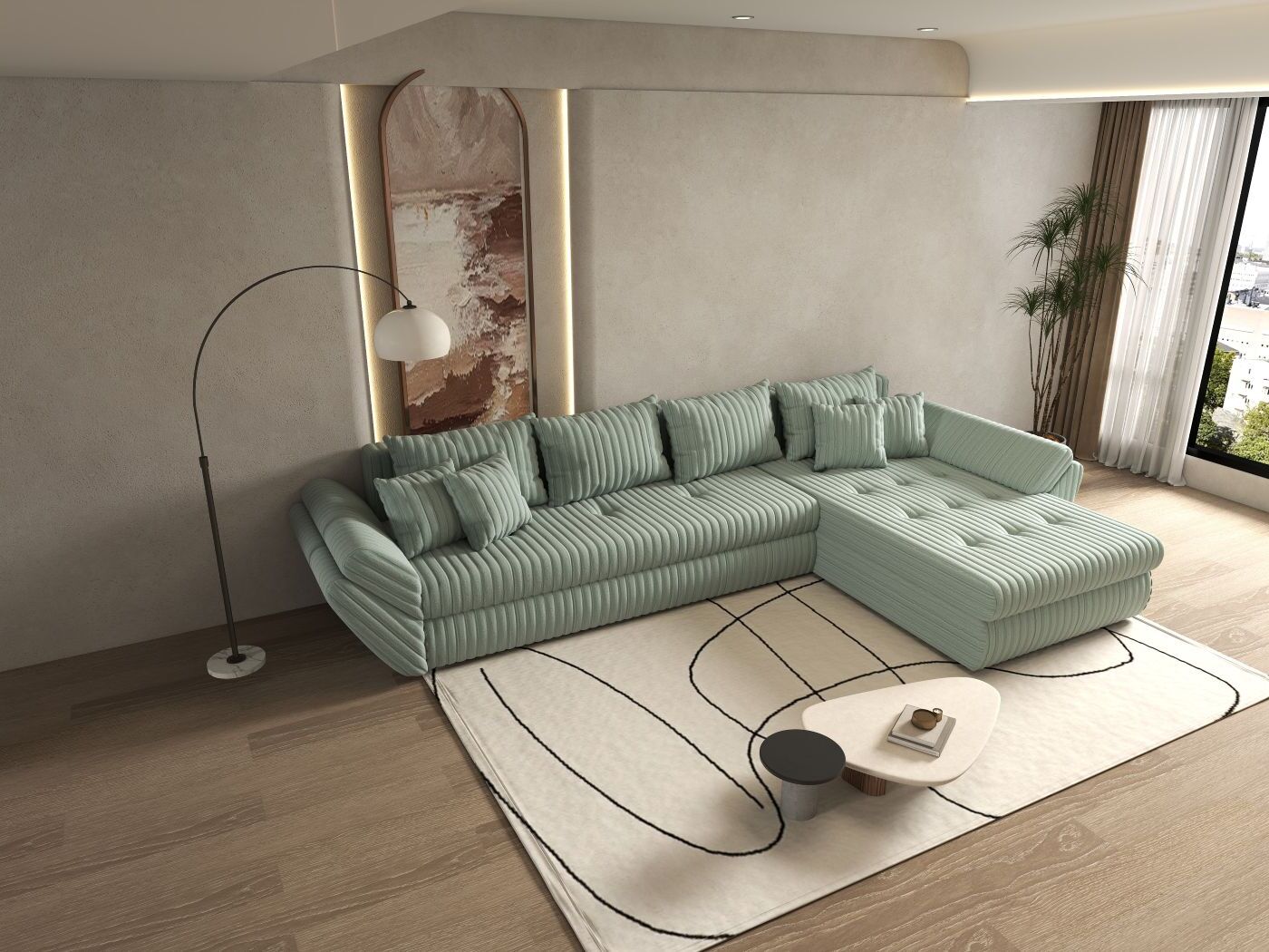 Colțar extensibil dumonde cu ladă de depozitare si sezut confortabil din spuma HR, Loana XL Ambience Mint II 335x185 cm Fabrica