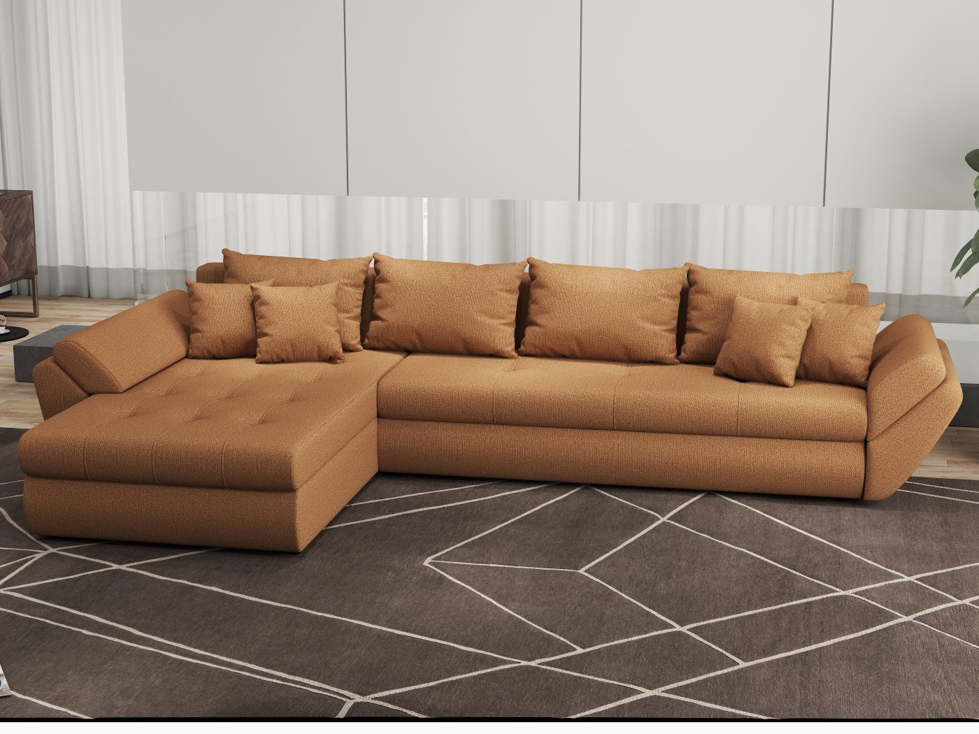 Colțar extensibil dumonde cu ladă de depozitare si sezut confortabil din spuma HR, Loana XL Enjoy Mango 335x185 cm Fabrica