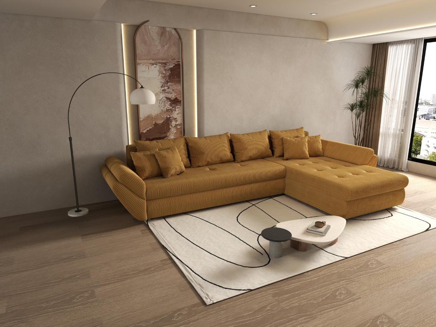 Colțar extensibil dumonde cu ladă de depozitare si sezut confortabil din spuma HR, Loana XL Zoom Mustar II 335x185 cm Fabrica