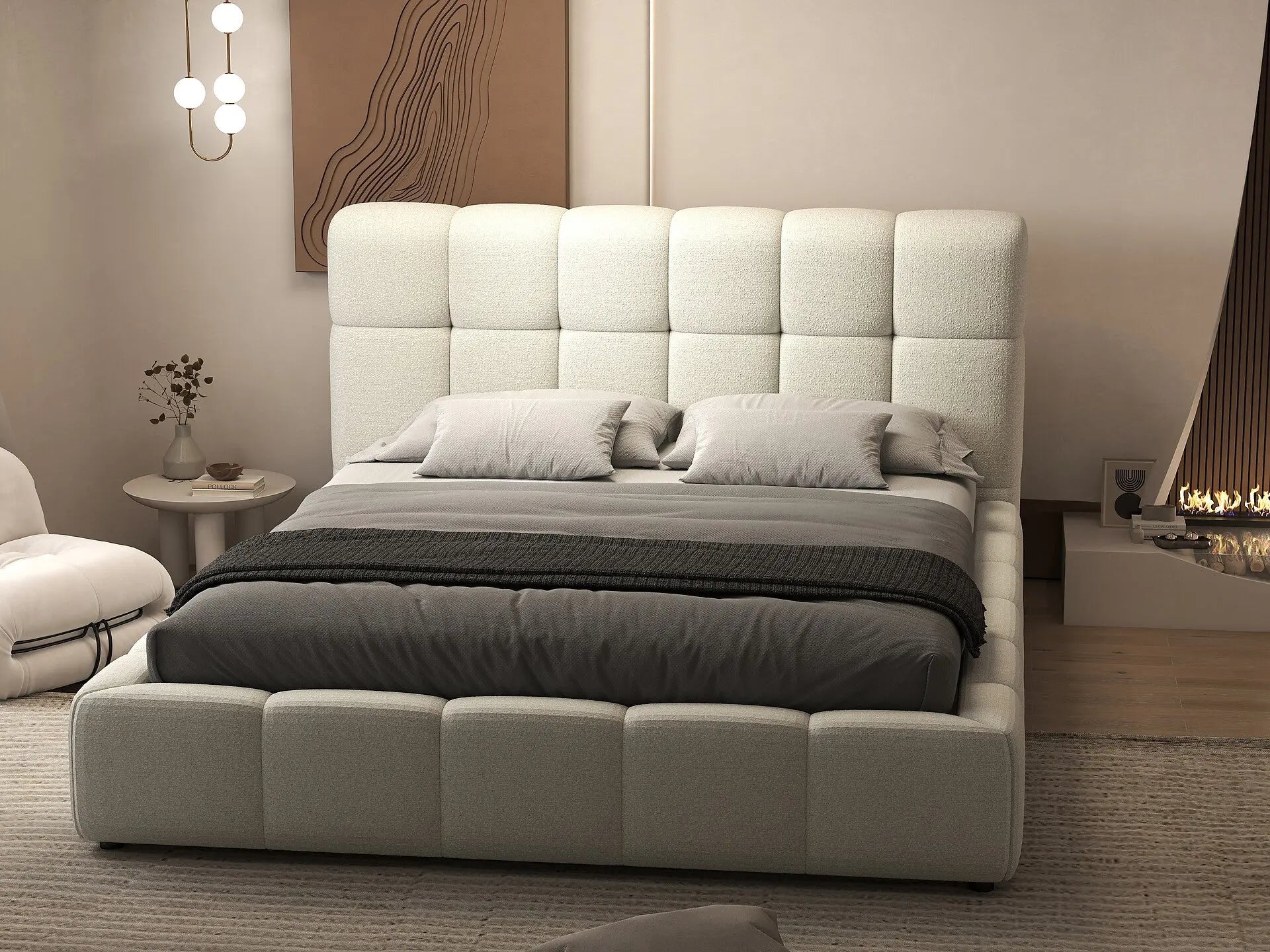 Pat dormitor dumonde, tapitat Alb, Lorenzo 160x200 cm, somiera rabatabila inclusa, spatiu depozitare WLS