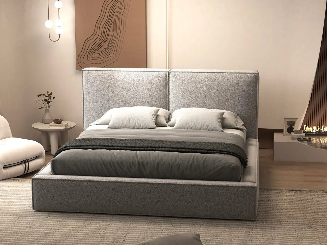 Pat dormitor dumonde, tapitat gri, Dreamer 160x200 cm, somiera rabatabila inclusa, spatiu depozitare WLS