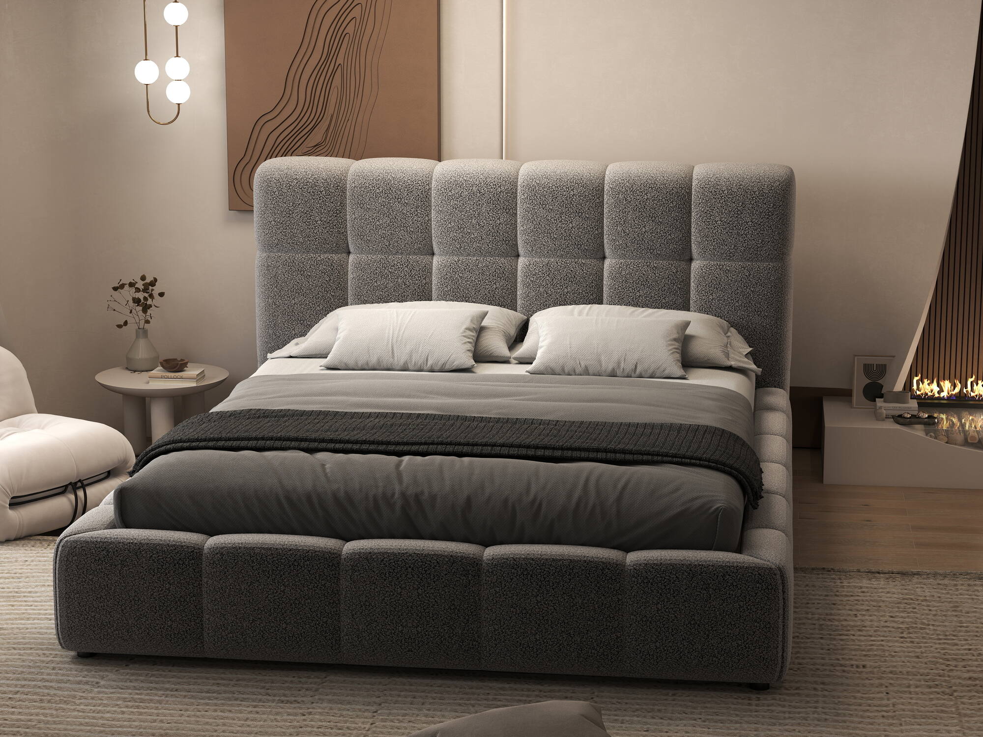 Pat dormitor dumonde, tapitat gri, Lorenzo 180X200 cm, somiera rabatabila inclusa, spatiu depozitare