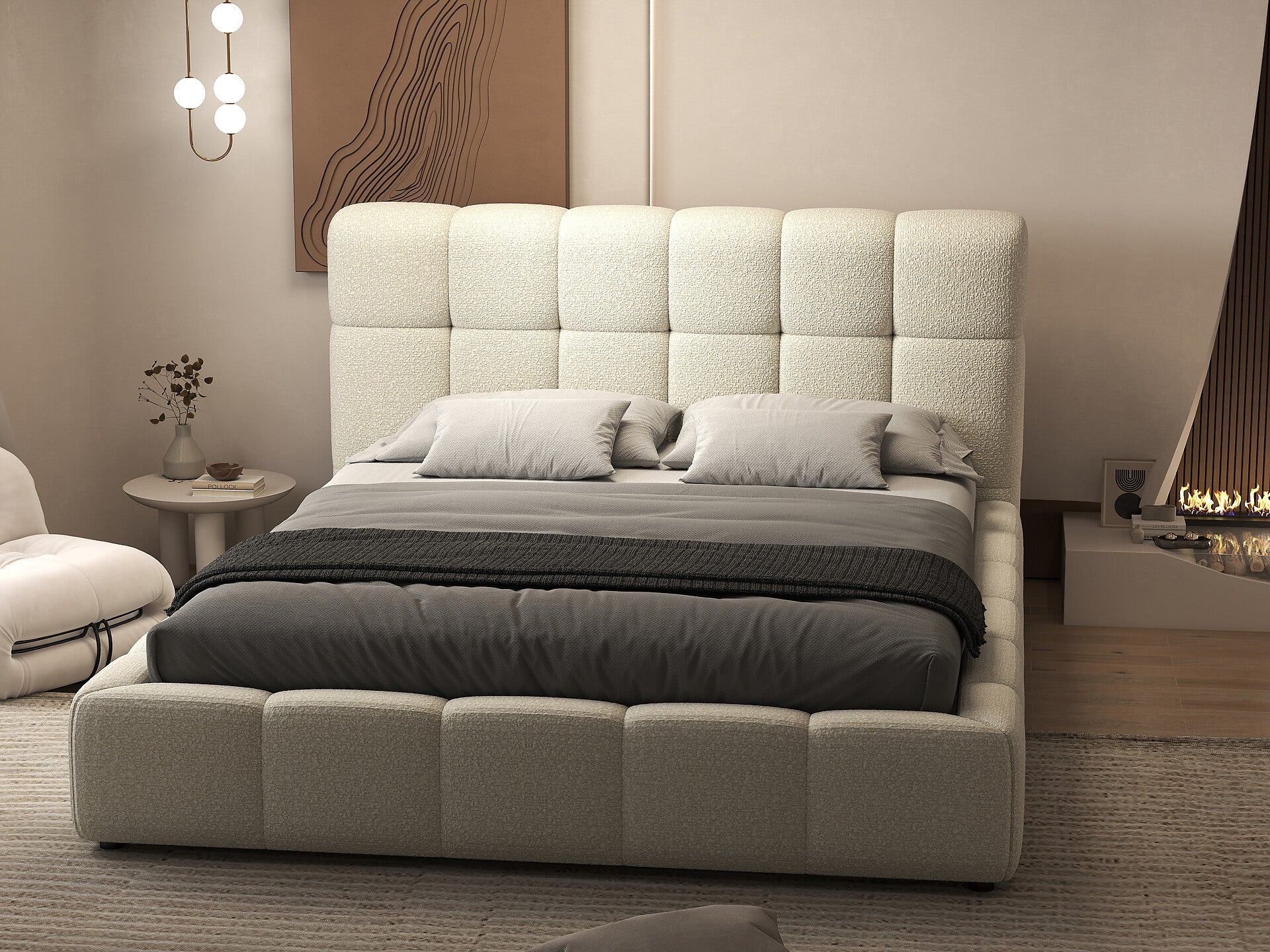 Pat dormitor dumonde, tapitat bej, Lorenzo 160x200 cm, somiera rabatabila inclusa, spatiu depozitare