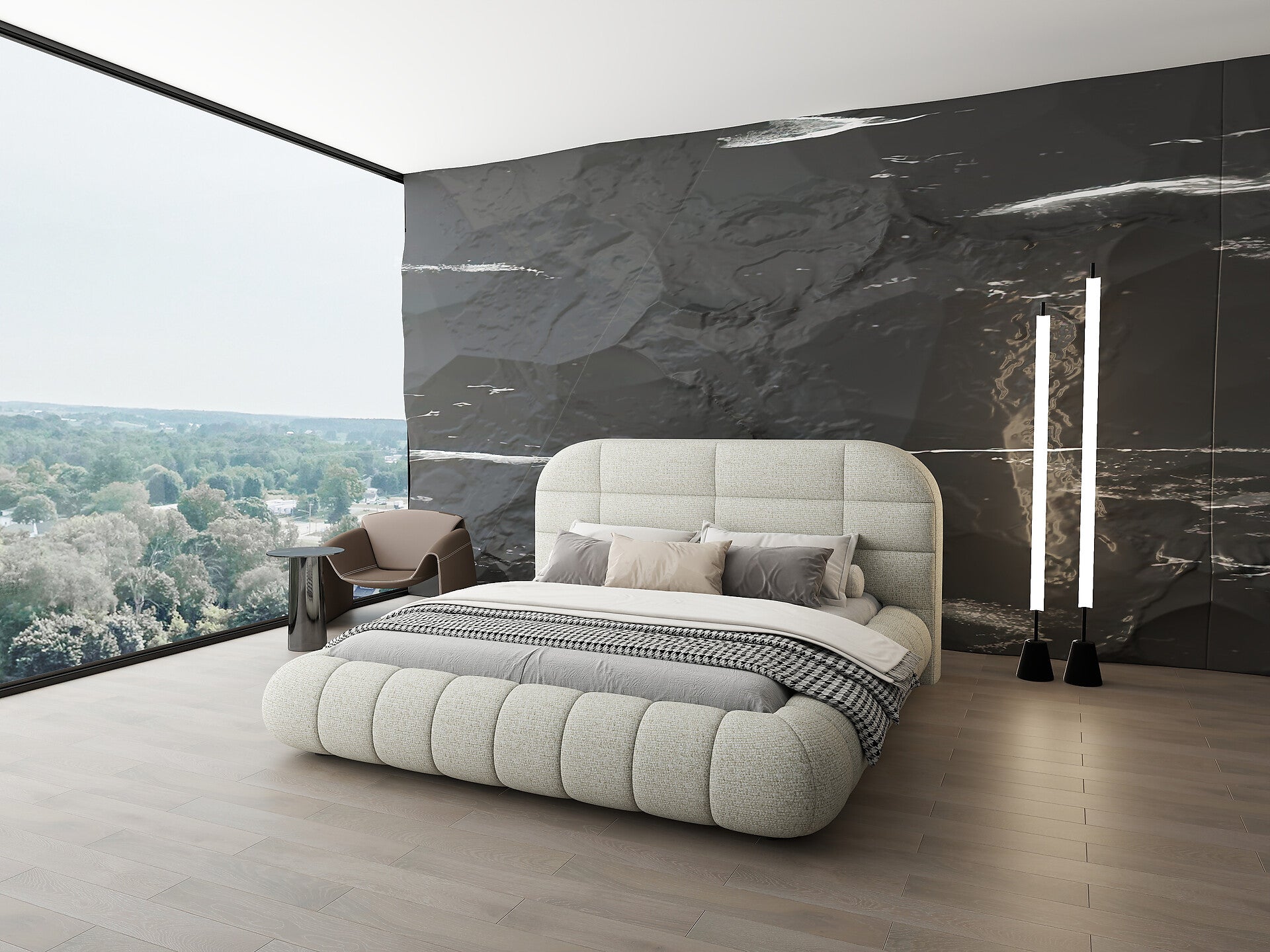 Pat dormitor dumonde, tapitat bej, Senso 180x200 cm, somiera rabatabila inclusa, spatiu depozitare