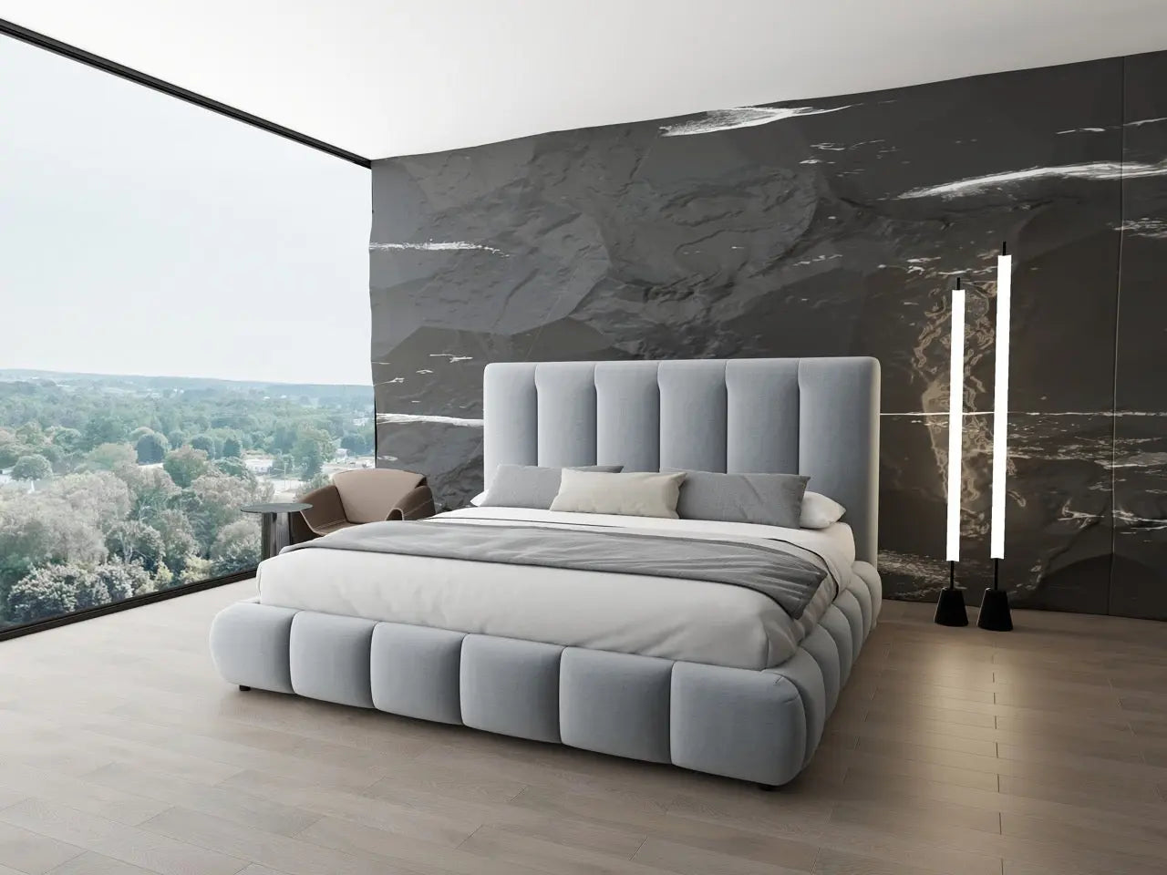 Pat dormitor dumonde, tapitat gri, Divaneo 180x200 cm, somiera rabatabila inclusa, spatiu depozitare WLS