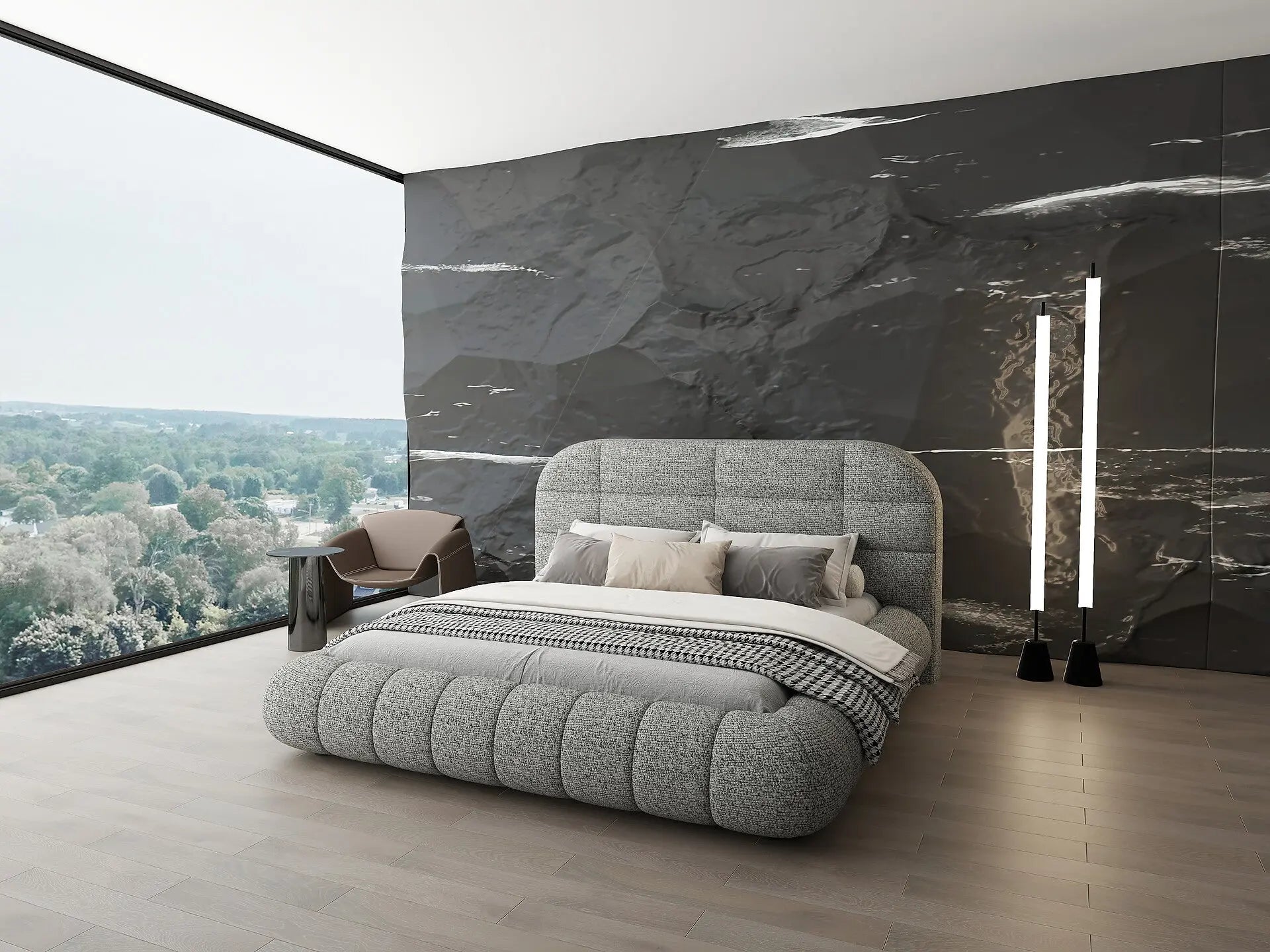 Pat dormitor dumonde, tapitat gri, Senso 180x200 cm, somiera rabatabila inclusa, spatiu depozitare WLS