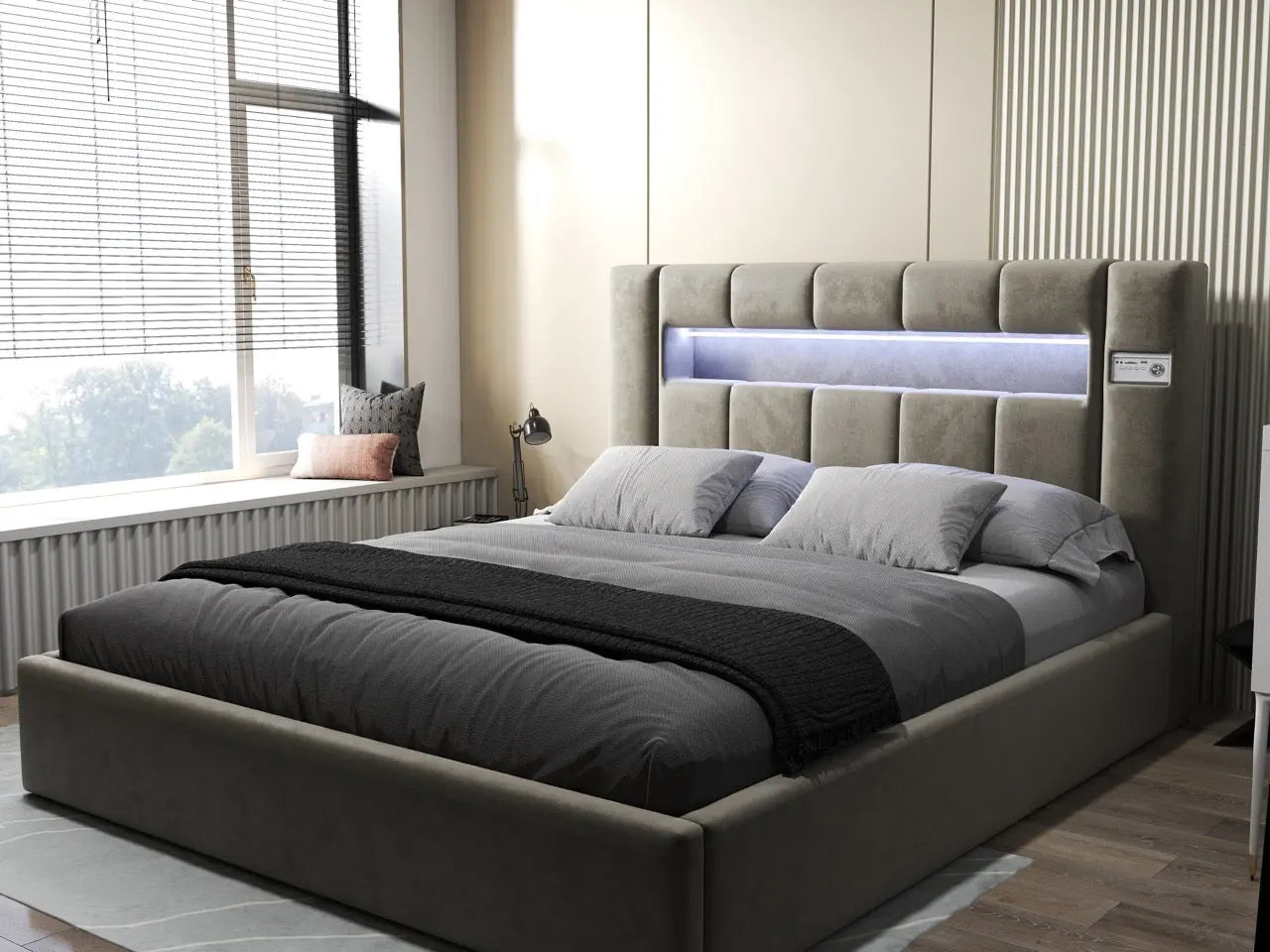 Pat dormitor dumonde, tapitat bej, Glow 180x200 cm, somiera rabatabila inclusa, spatiu depozitare WLS