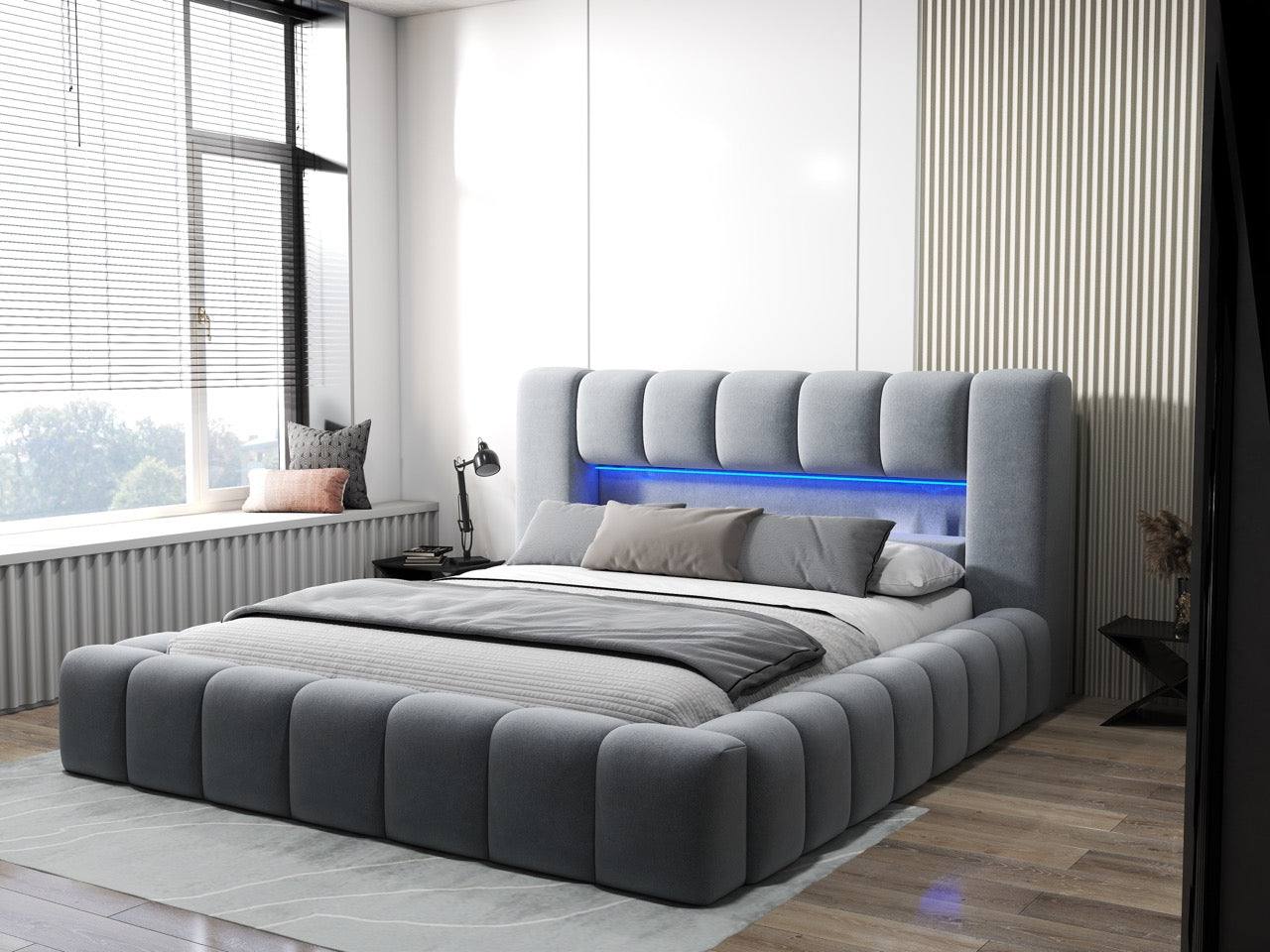 Pat dormitor dumonde, tapitat gri cu LED si USB, Palermo 160x200 cm, somiera rabatabila inclusa, spatiu depozitare WLS