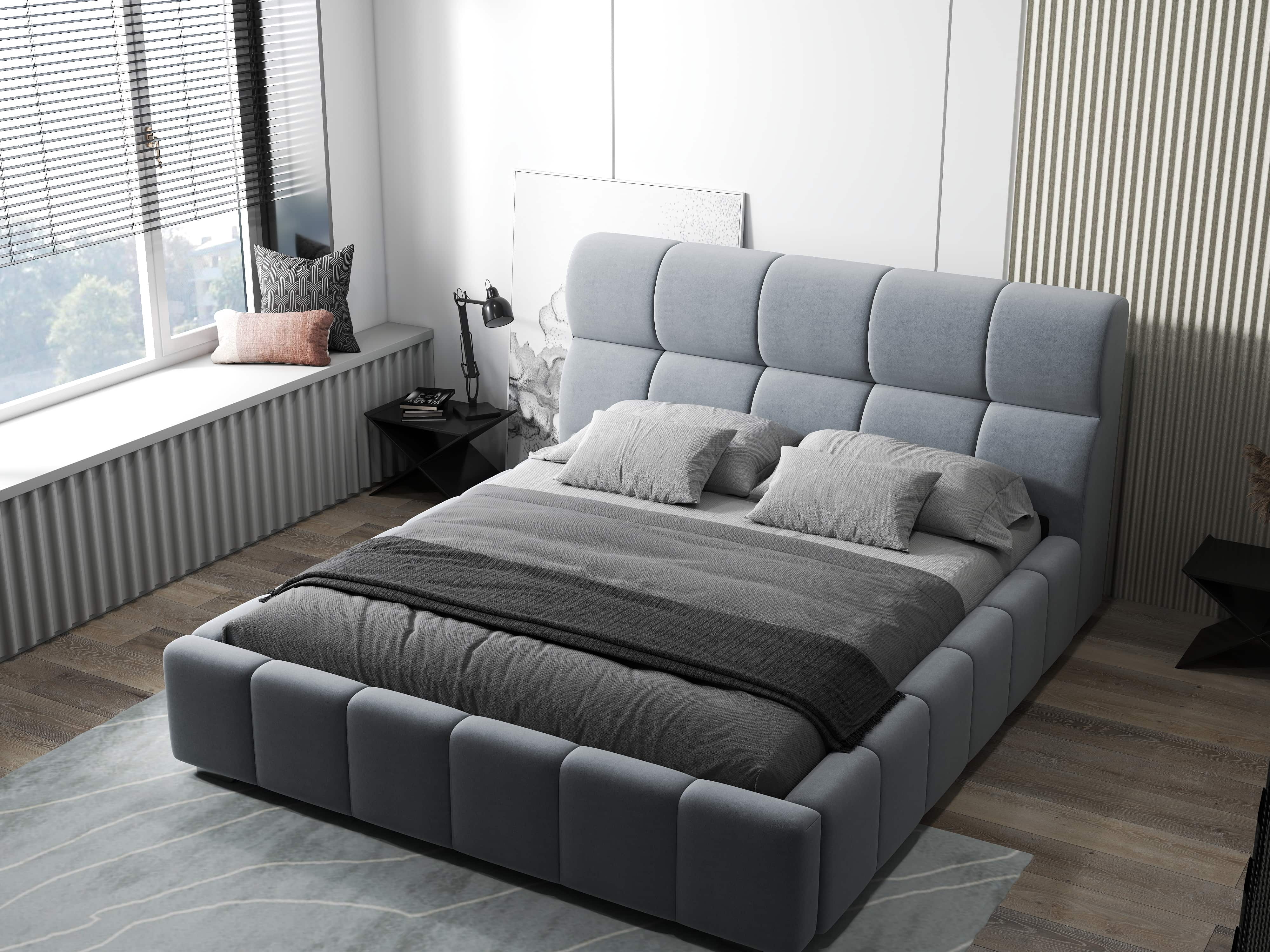 Pat dormitor dumonde, tapitat gri, Prestige 160x200 cm, somiera rabatabila inclusa, spatiu depozitare WLS