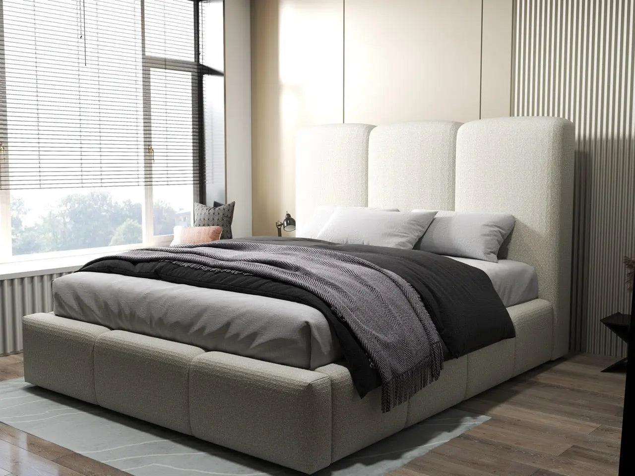 Pat dormitor dumonde, tapitat bej, Dinasty 180x200 cm, somiera rabatabila inclusa, spatiu depozitare WLS