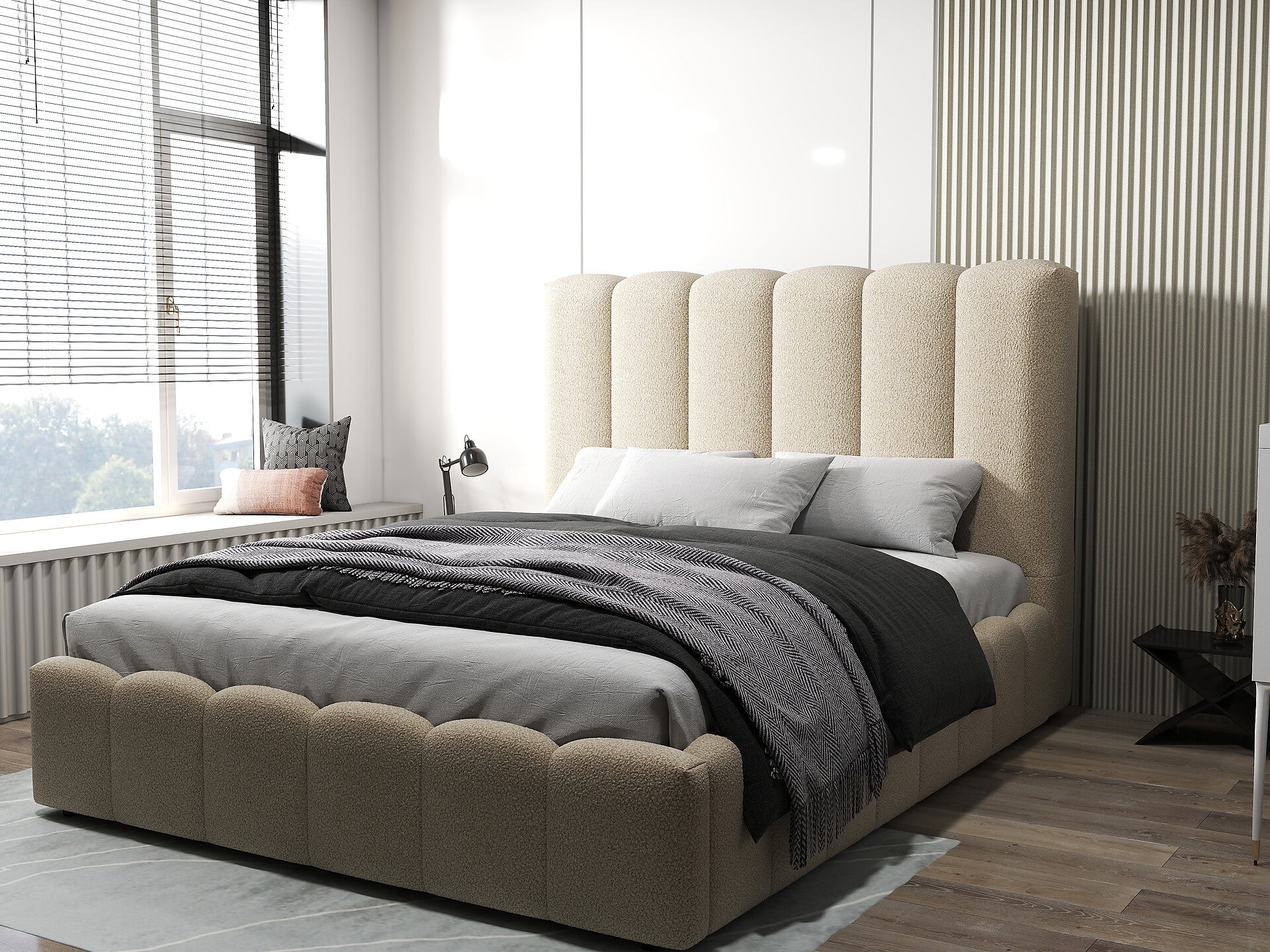 Pat dormitor dumonde, tapitat bej, Milano 160x200 cm, somiera rabatabila inclusa, spatiu depozitare