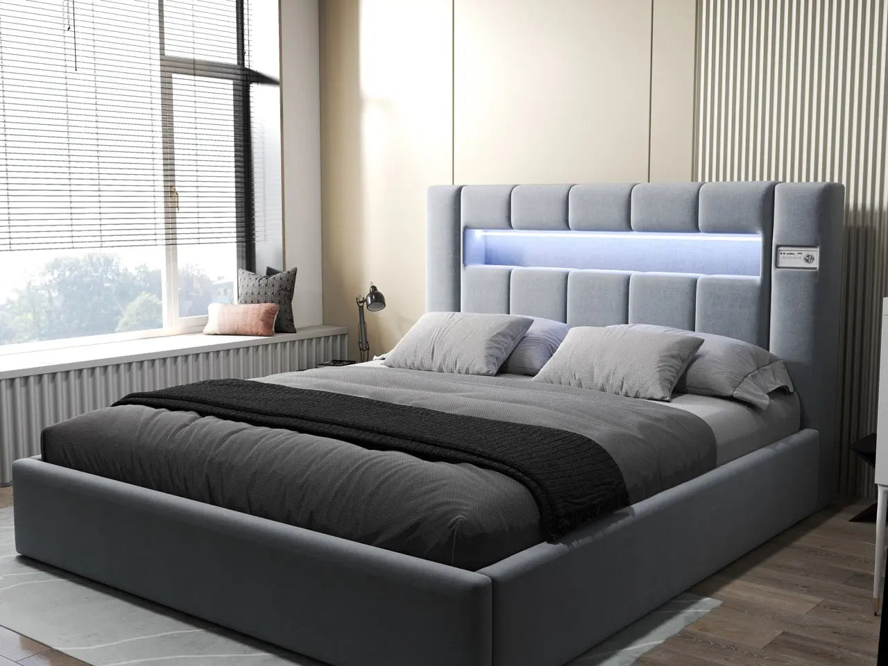 Pat dormitor dumonde, tapitat gri, Glow 180x200 cm, somiera rabatabila inclusa, spatiu depozitare WLS