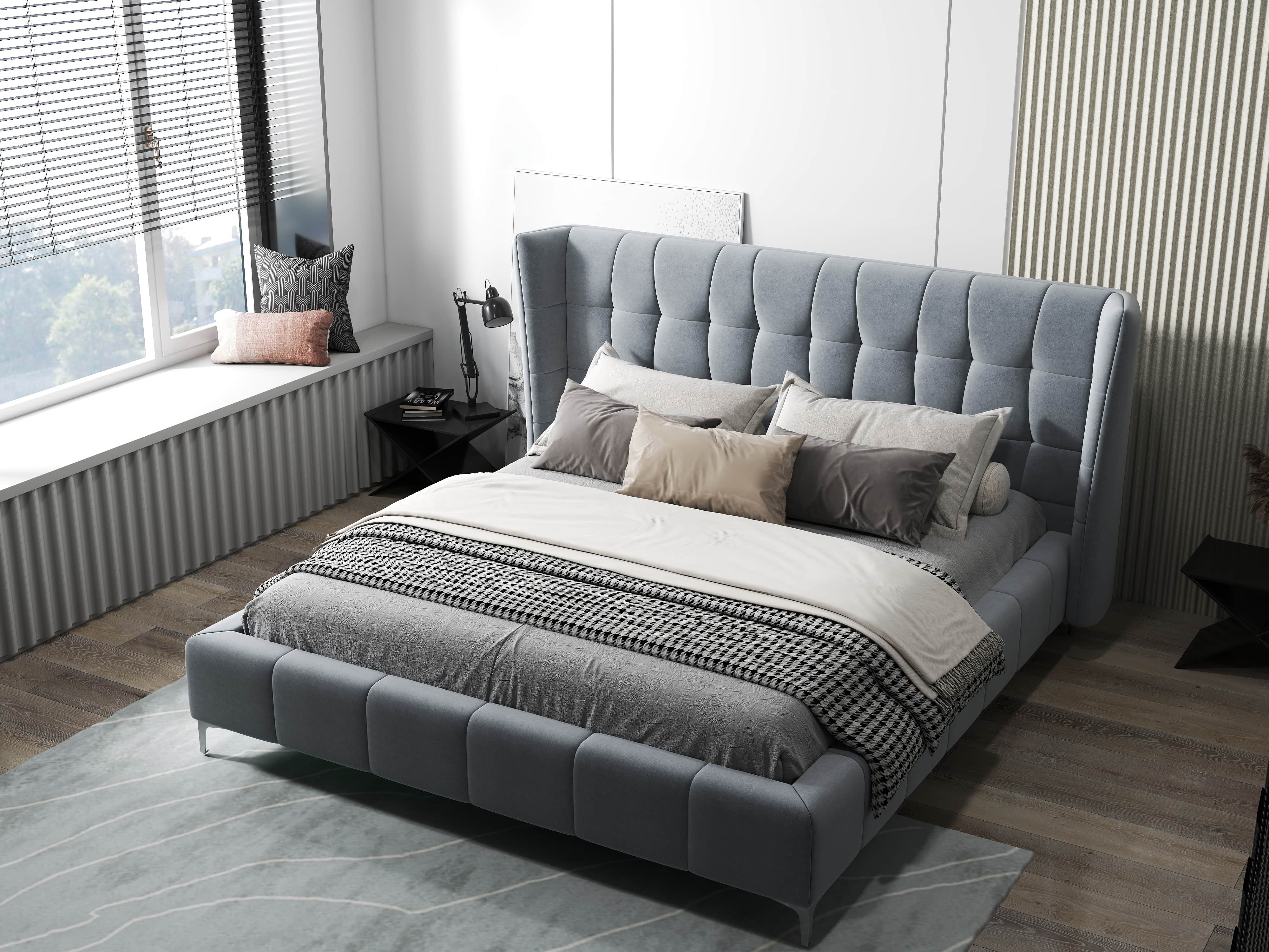 Pat dormitor dumonde, tapitat gri, Bellagio 160x200 cm, somiera fixa inclusa WLS