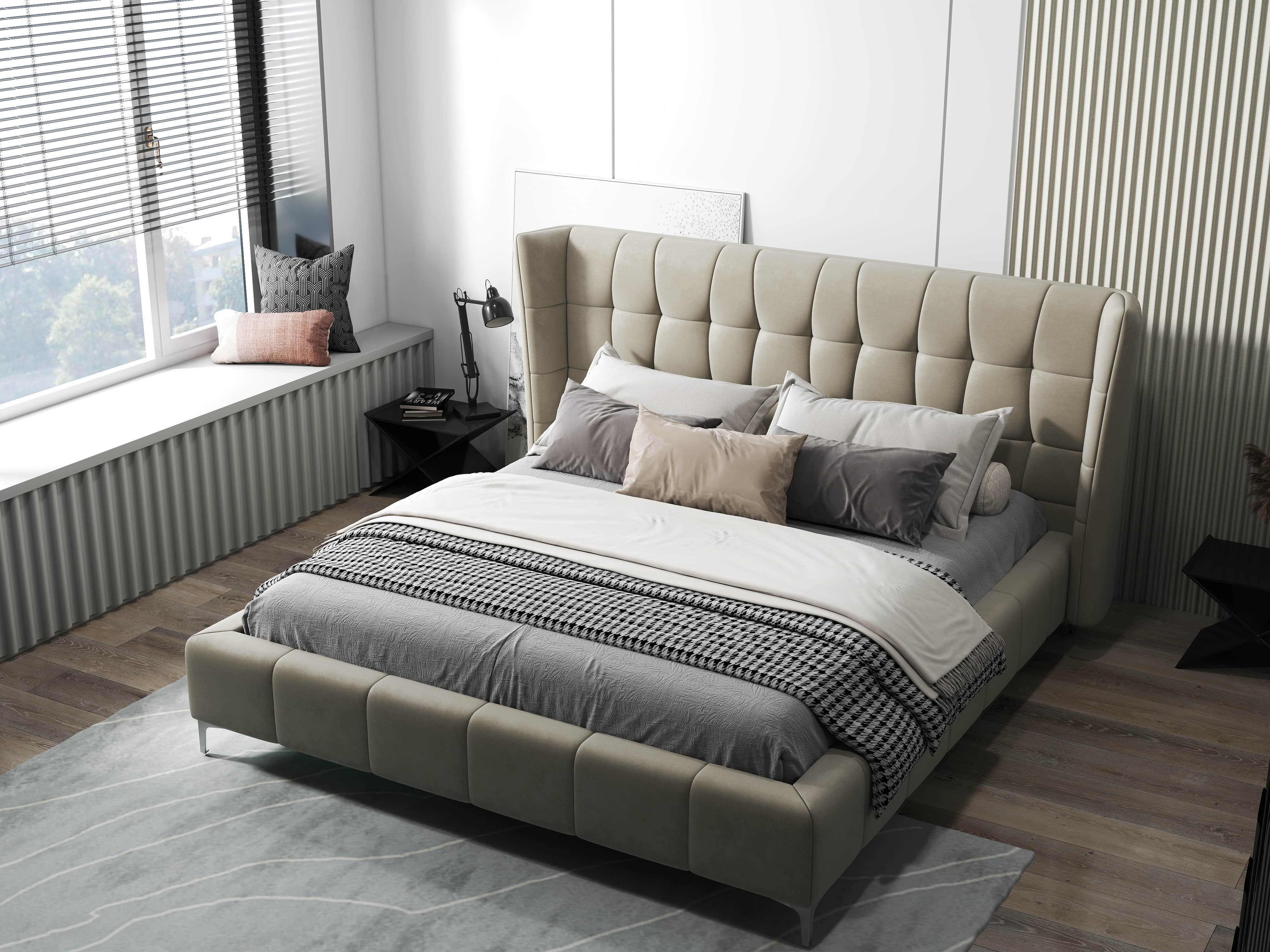 Pat dormitor dumonde, tapitat bej, Bellagio 160x200 cm, somiera fixa inclusa WLS