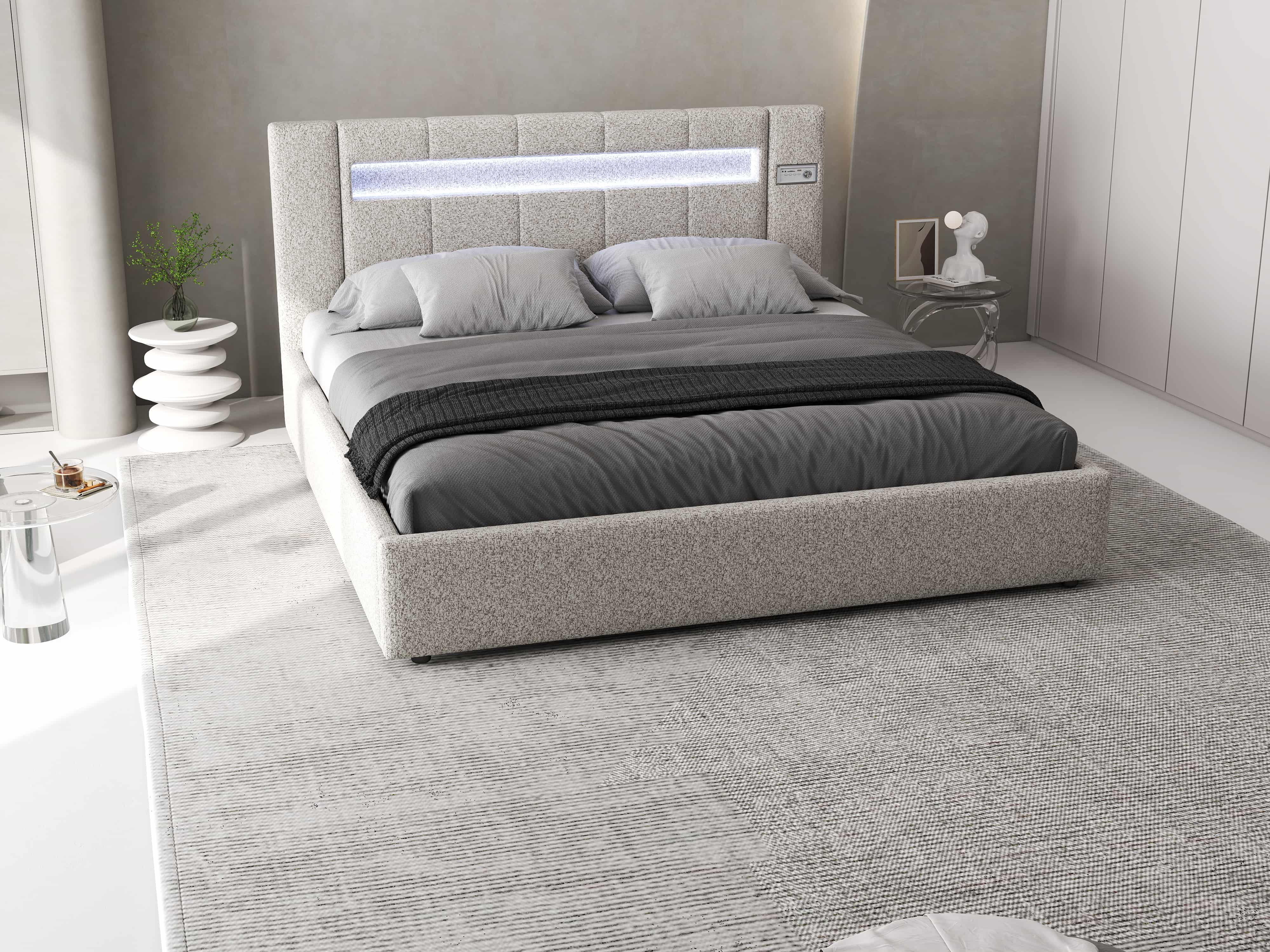 Pat dormitor dumonde, tapitat bej, Glow 160x200 cm, somiera rabatabila inclusa, spatiu depozitare WLS