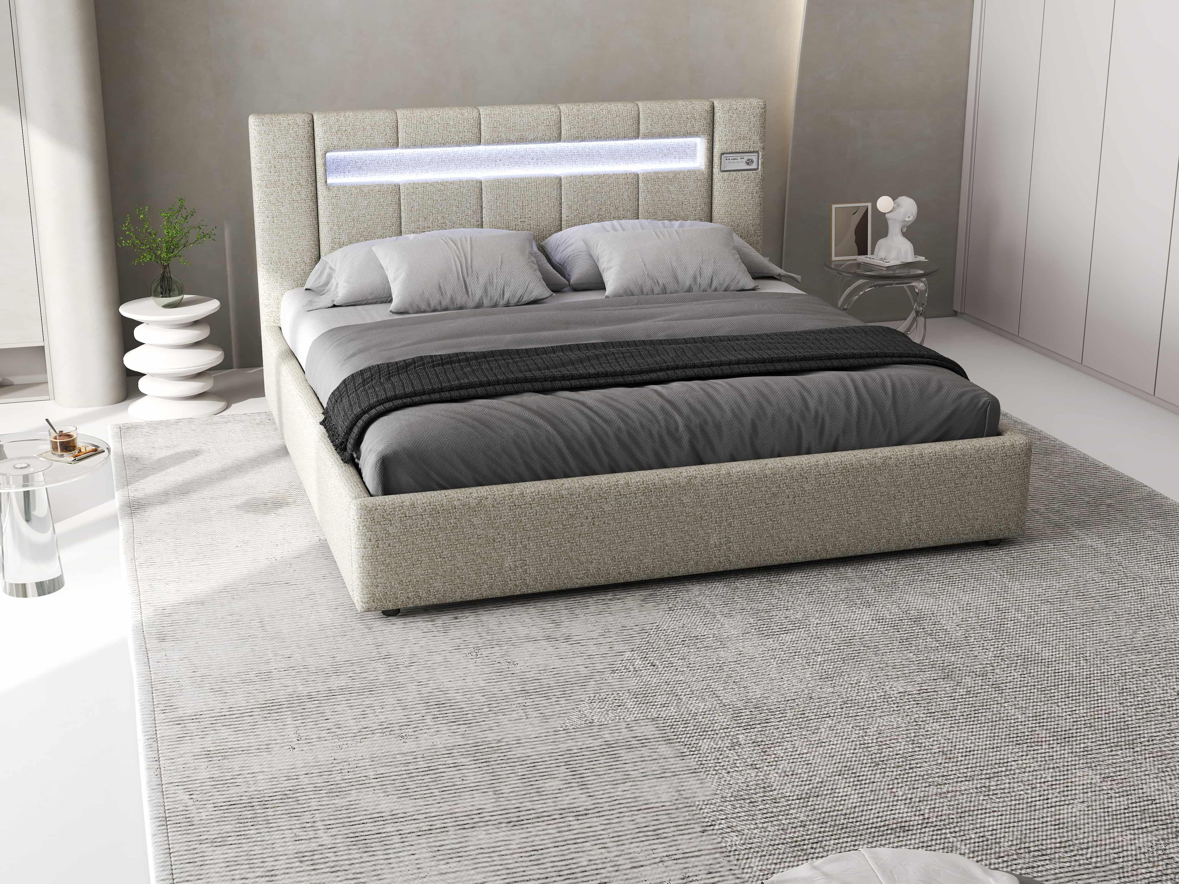 Pat dormitor dumonde, tapitat gri, Glow 180x200 cm, somiera rabatabila inclusa, spatiu depozitare WLS