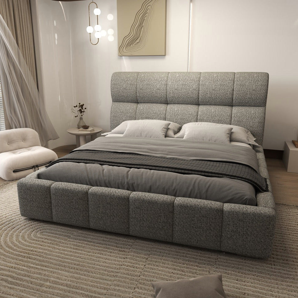 Pat dormitor dumonde, tapitat bej, Prestige 180x200 cm, somiera rabatabila inclusa, spatiu depozitare