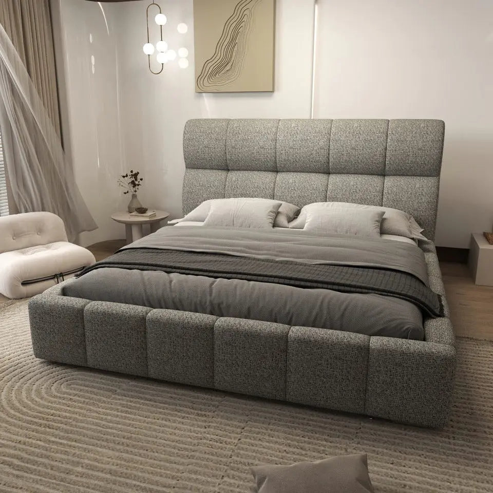 Pat dormitor dumonde, tapitat bej, Prestige 180x200 cm, somiera rabatabila inclusa, spatiu depozitare WLS