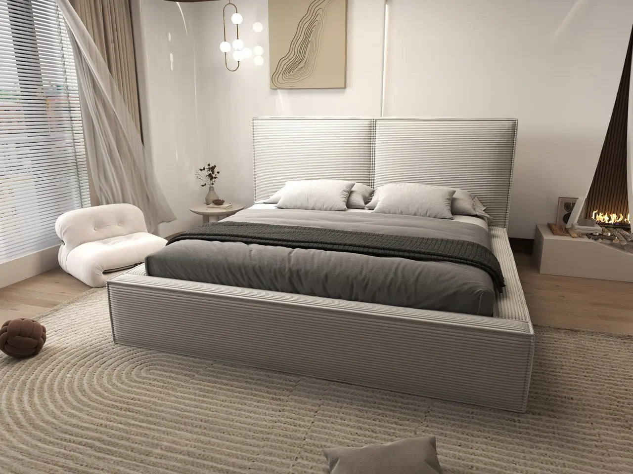 Pat dormitor dumonde, tapitat gri, Dreamer 180x200 cm, somiera rabatabila inclusa, spatiu depozitare WLS