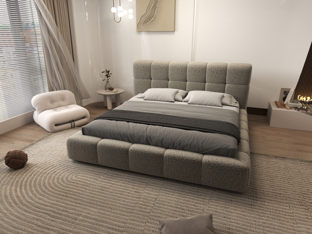 Pat dormitor dumonde, tapitat bej, Lorenzo 160x200 cm, somiera rabatabila inclusa, spatiu depozitare WLS