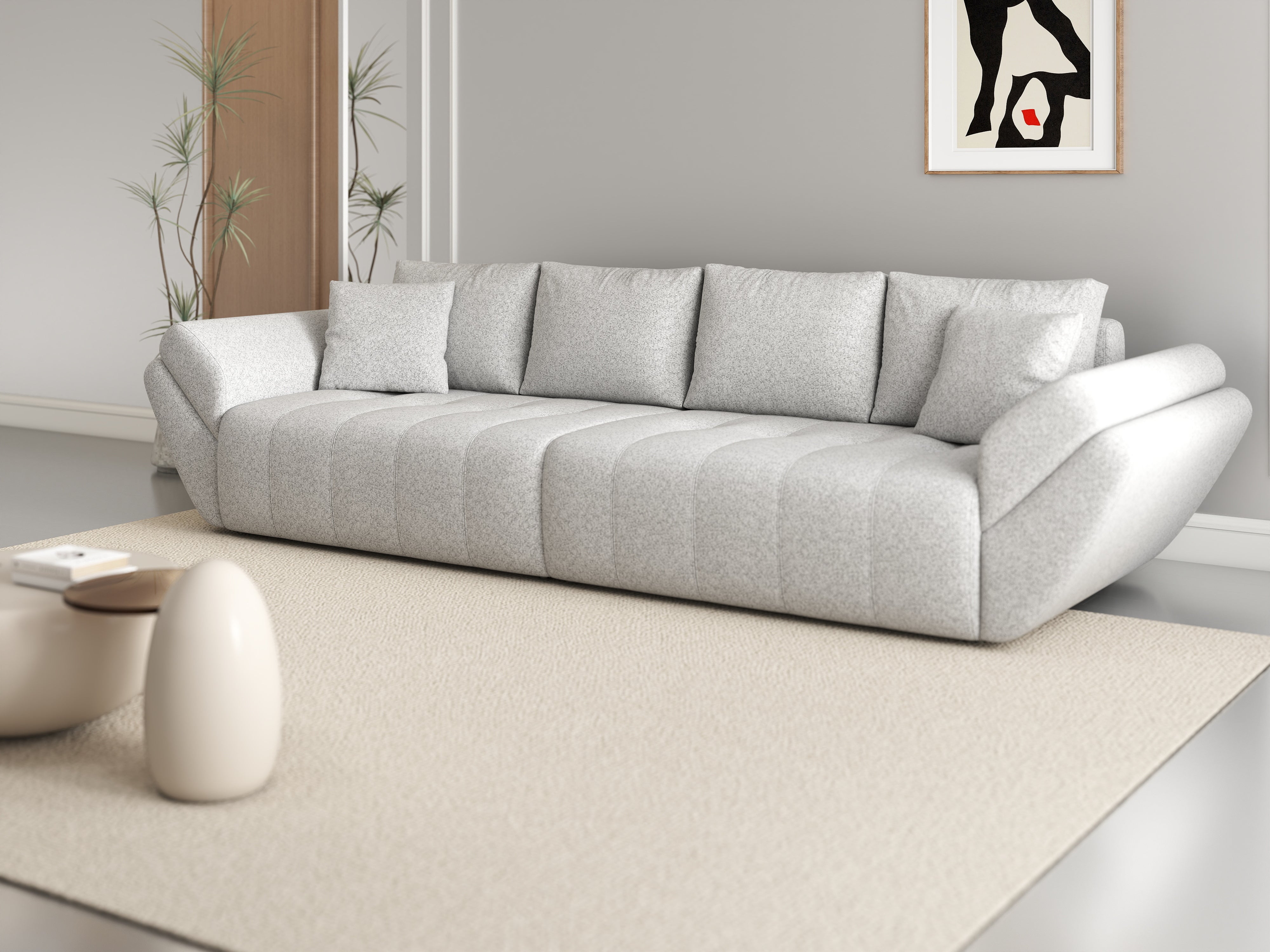 Canapea extensibilă dumonde cu ladă de depozitare si sezut confortabil din spuma HR, Berlin Euphoria Dove 300x100 cm Fabrica