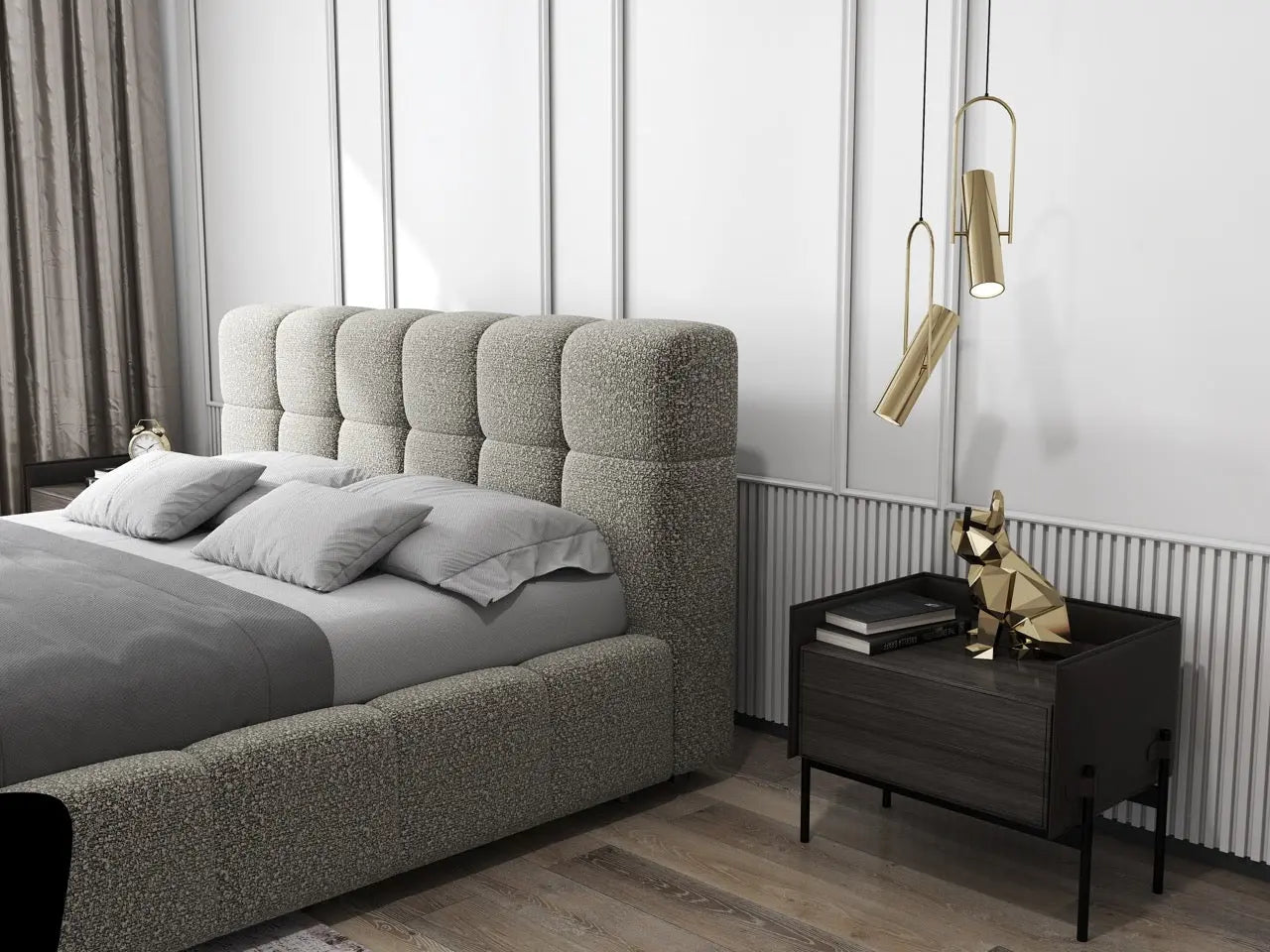 Pat dormitor dumonde, tapitat gri, Lorenzo 140x200 cm, somiera rabatabila inclusa, spatiu depozitare WLS