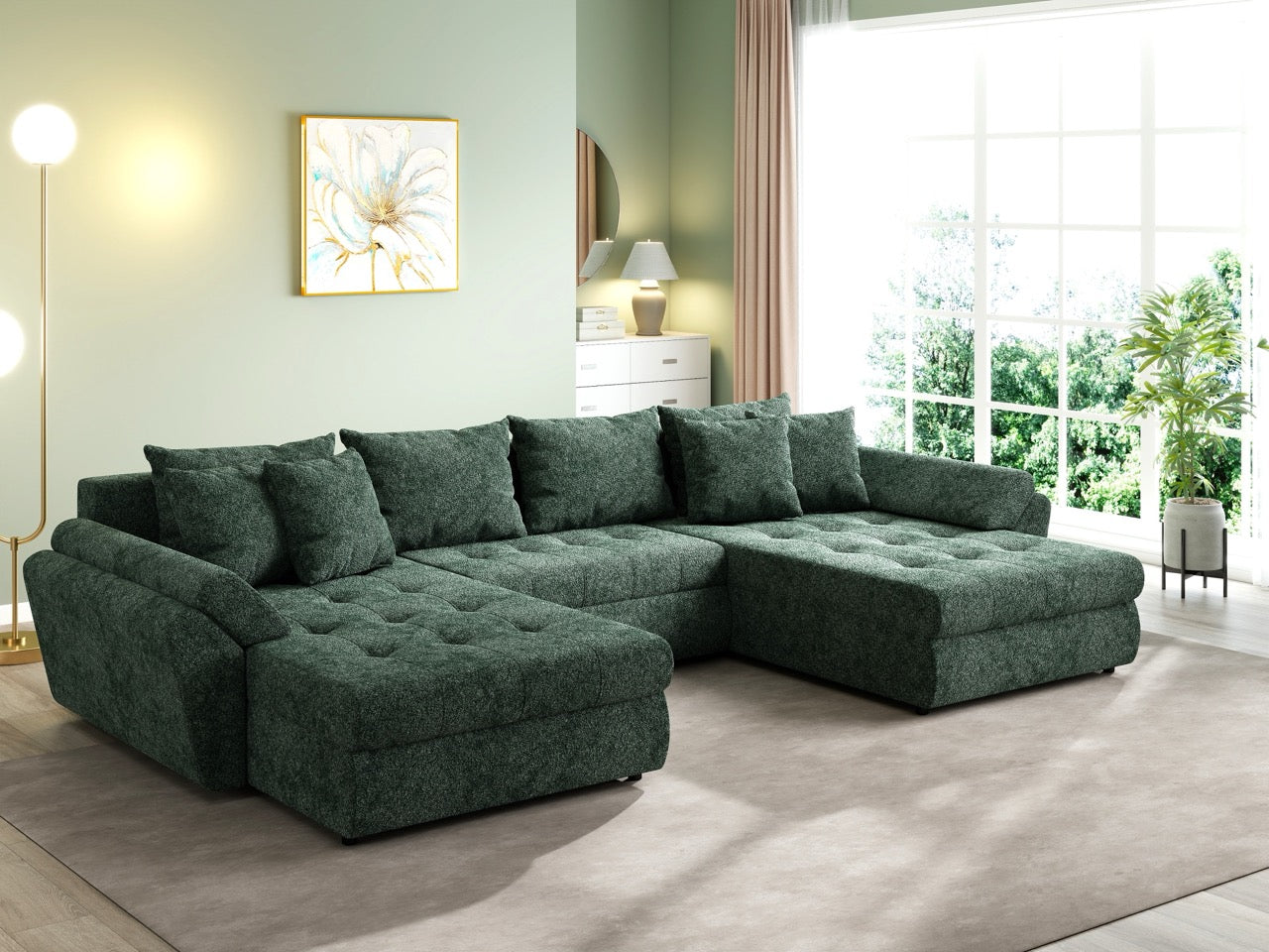 Colțar extensibil dumonde cu ladă de depozitare si sezut confortabil din spuma HR, Loana U Euphoria Green 355x185 cm