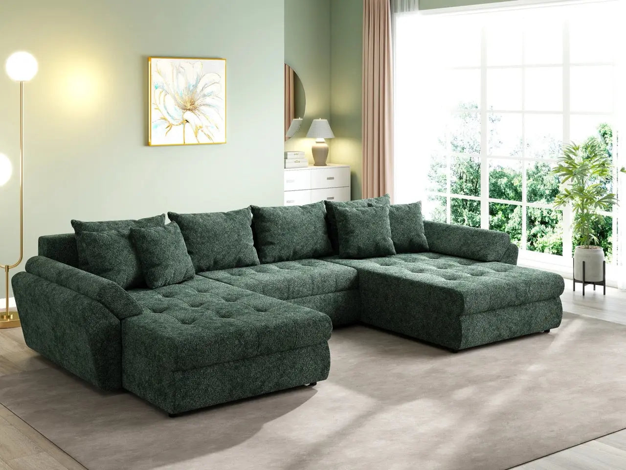 Colțar extensibil dumonde cu ladă de depozitare si sezut confortabil din spuma HR, Loana U Euphoria Green 355x185 cm Fabrica