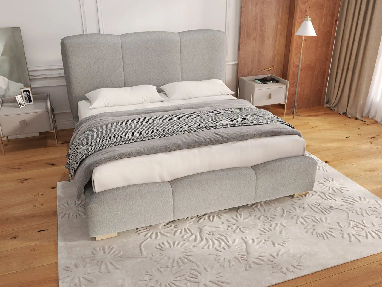 Pat dormitor dumonde, tapitat alb, Havana 180x200 cm, somiera rabatabila inclusa, spatiu depozitare WLS