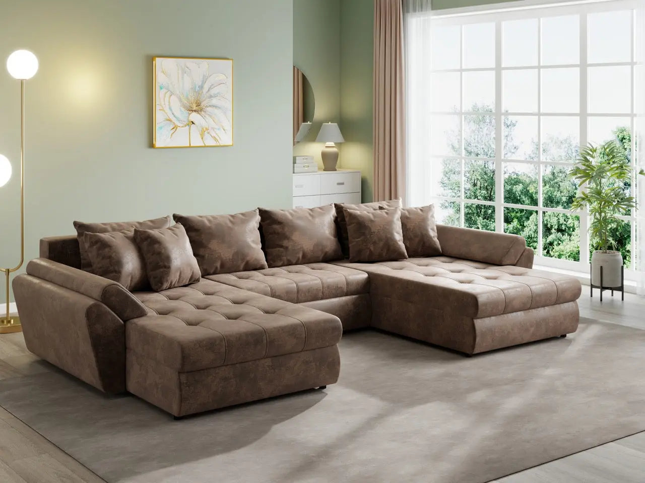 Colțar extensibil dumonde cu ladă de depozitare si sezut confortabil din spuma HR, Loana U Brown 355x185 cm Fabrica