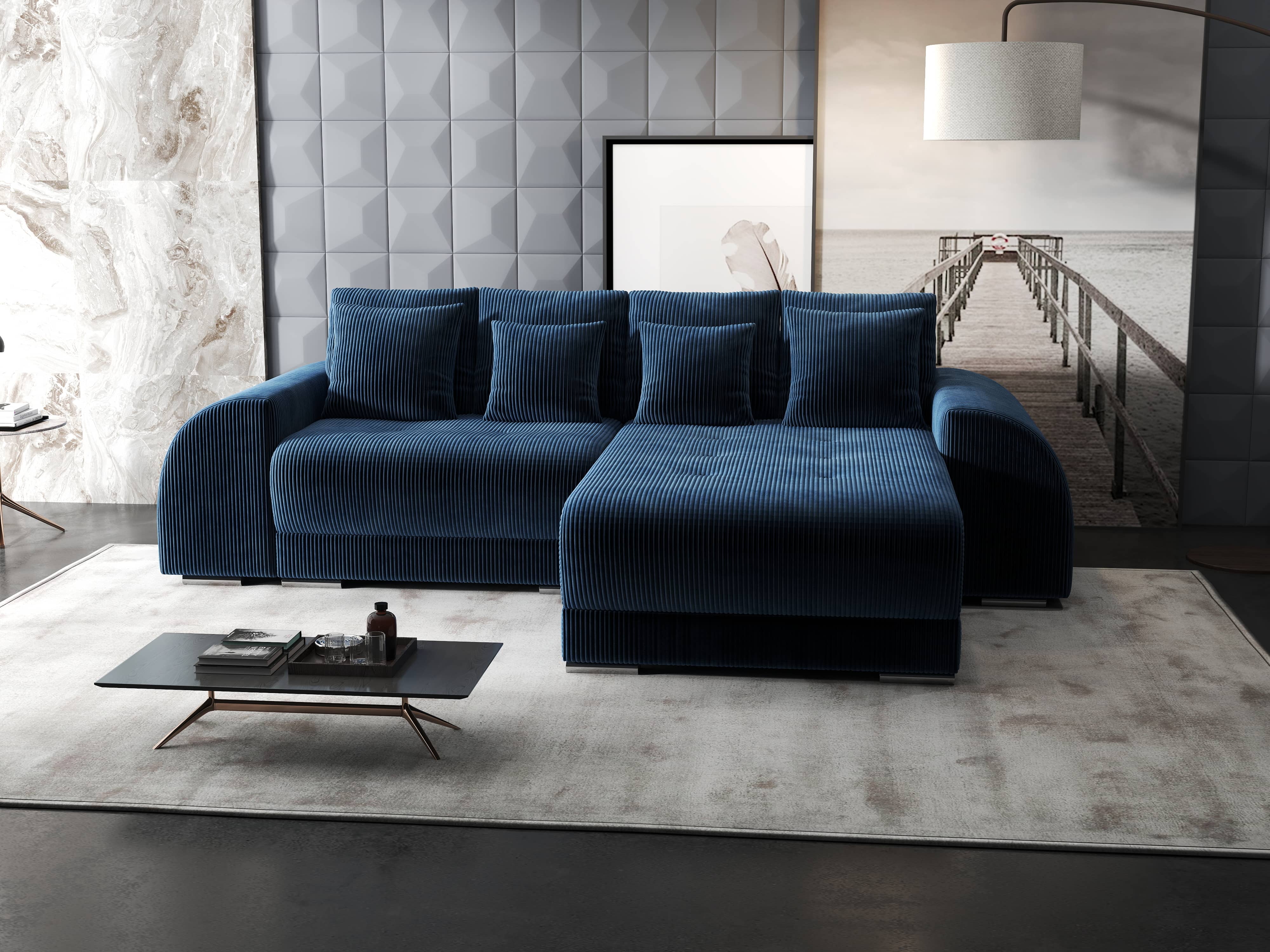 Colțar extensibil dumonde cu ladă de depozitare si sezut confortabil din spuma HR, Verona Zoom Albastru II 290x185 cm Fabrica