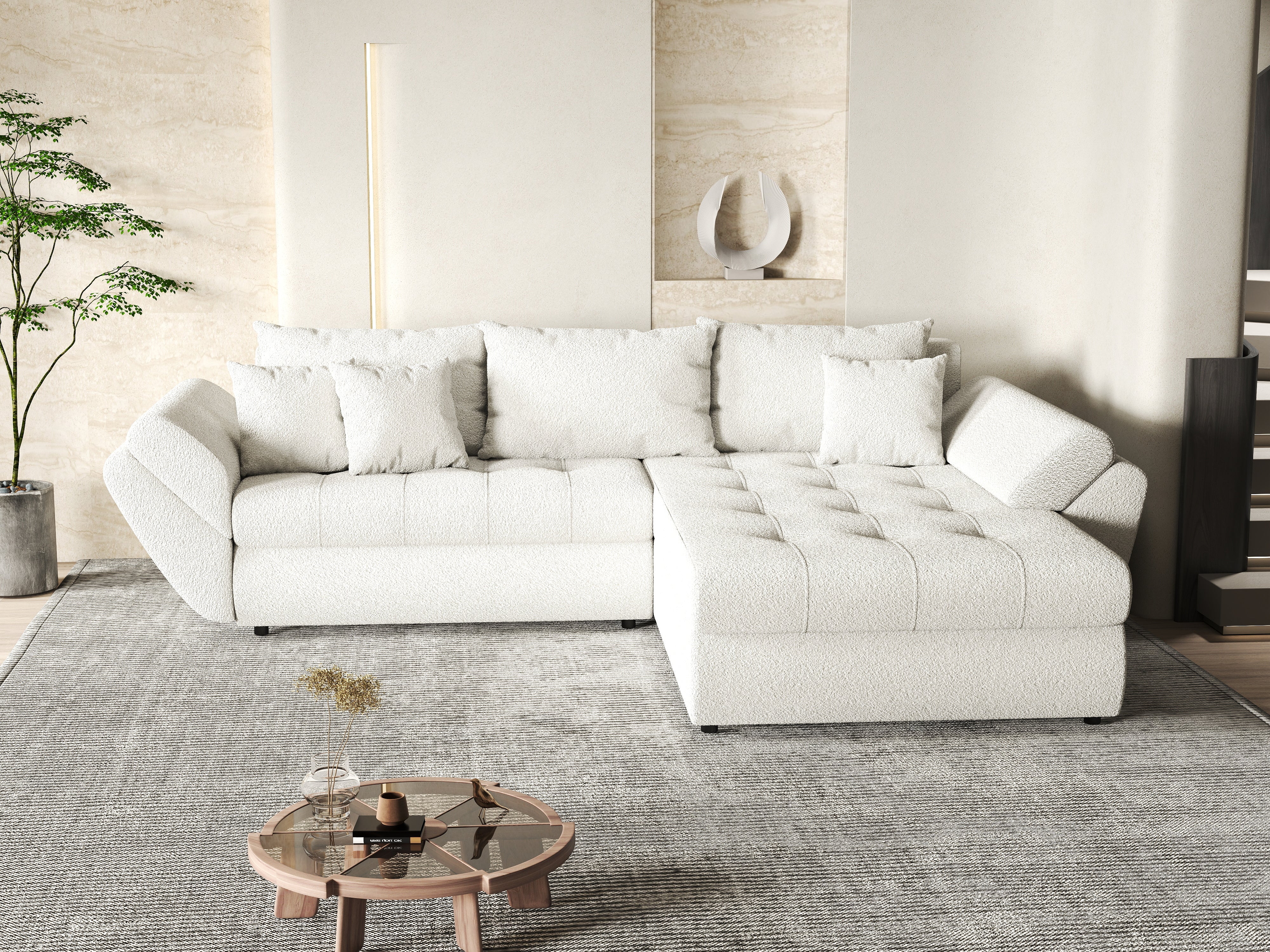 Colțar extensibil dumonde cu ladă de depozitare si sezut confortabil din spuma HR, Loana Euphoria Ivory II 270x185 cm Fabrica