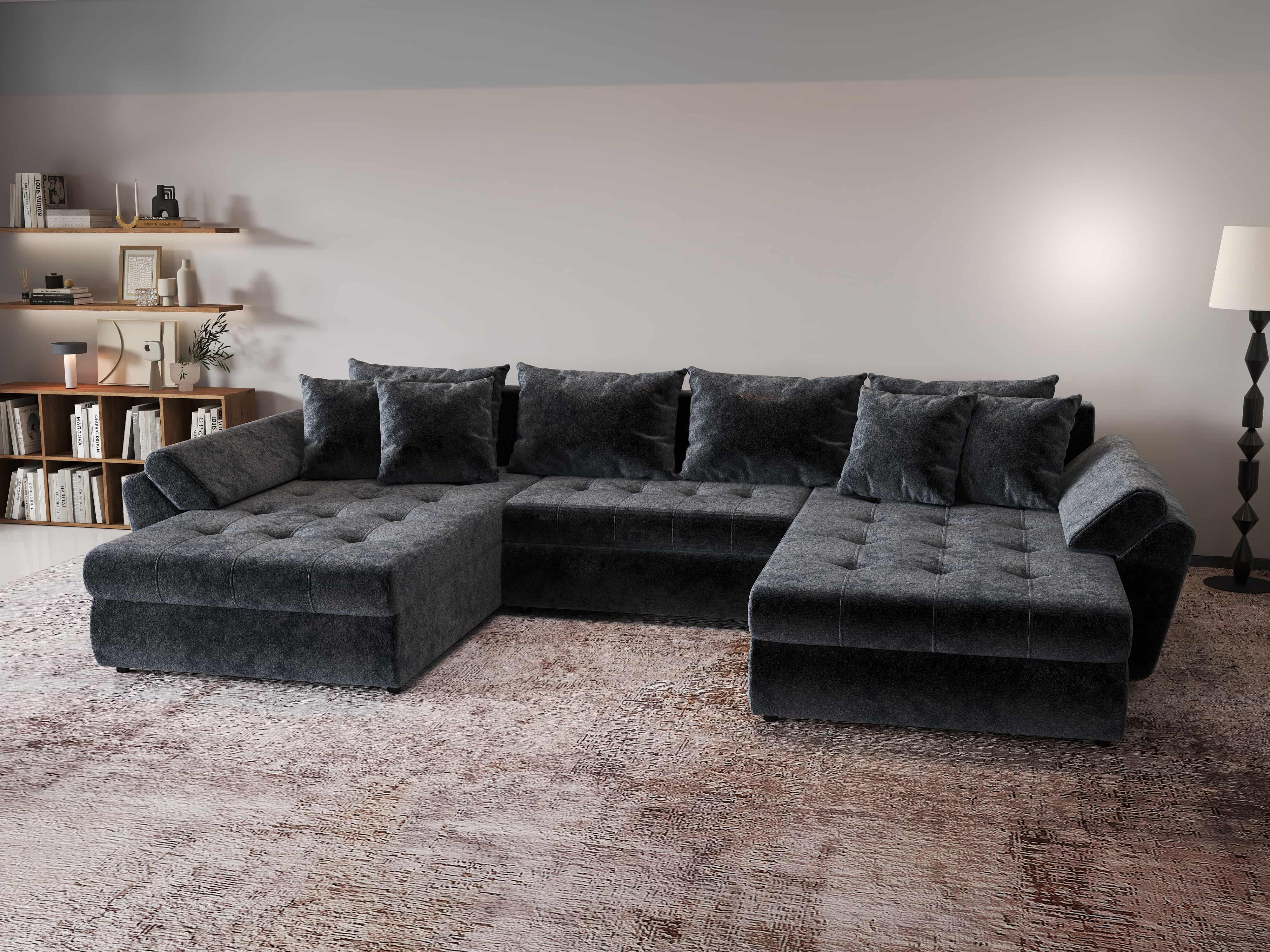 Colțar extensibil dumonde cu ladă de depozitare si sezut confortabil din spuma HR, Loana U Euphoria Grafit 355x185 cm Fabrica