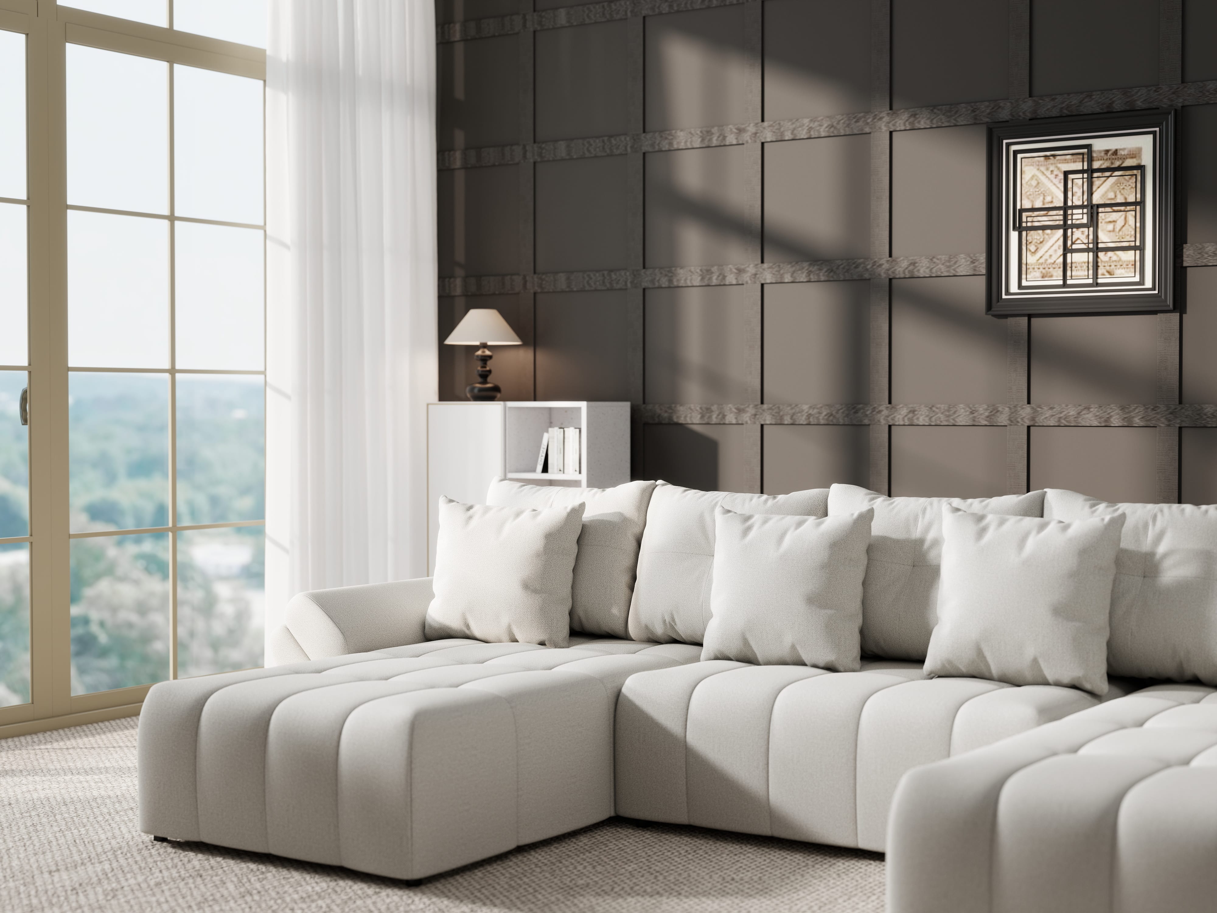 Colțar extensibil dumonde cu ladă de depozitare si sezut confortabil din spuma HR, Berlin U Enjoy Bej 380x180 cm Fabrica