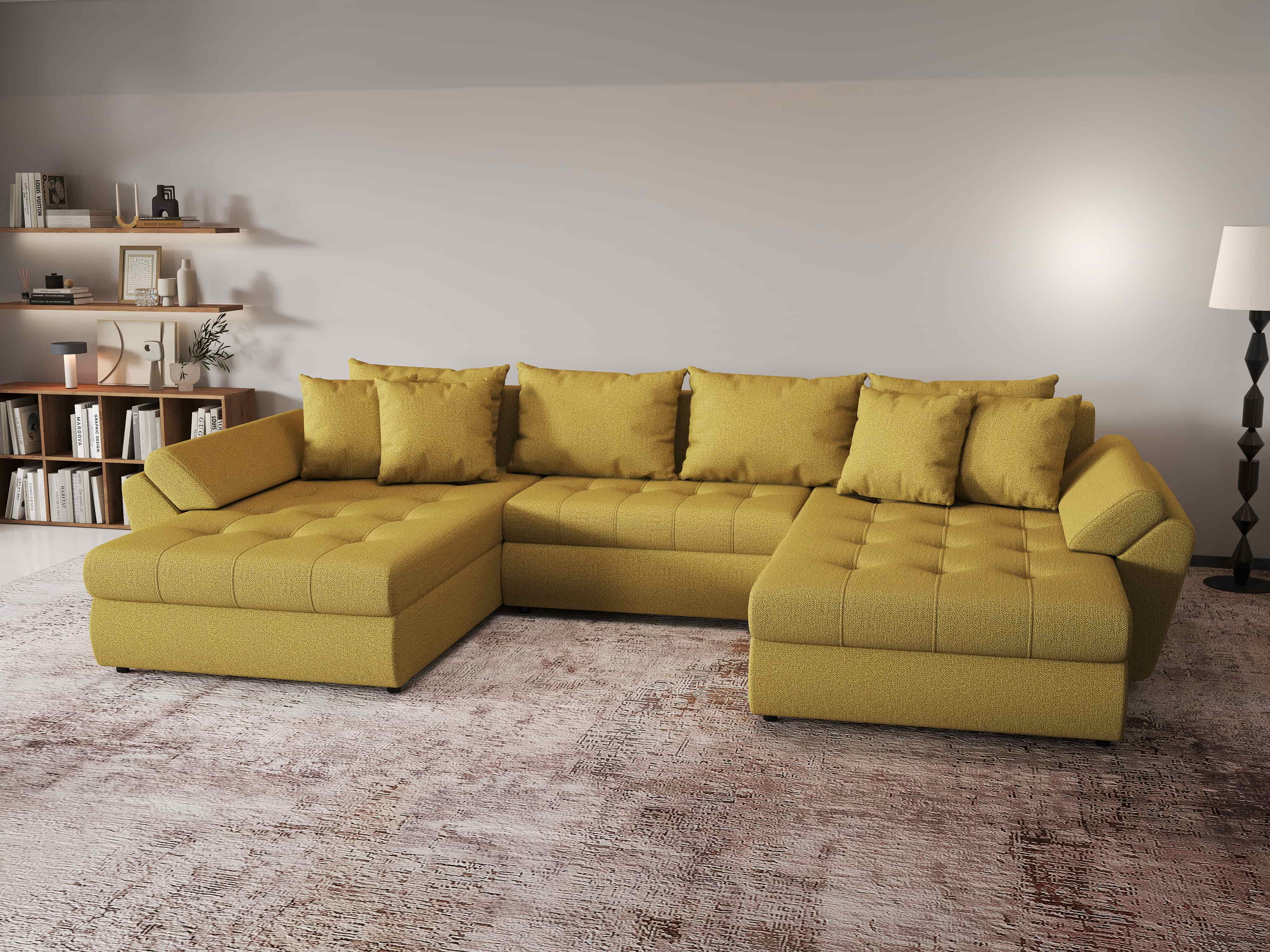 Colțar extensibil dumonde cu ladă de depozitare si sezut confortabil din spuma HR, Loana U Enjoy Melon 355x185 cm Fabrica