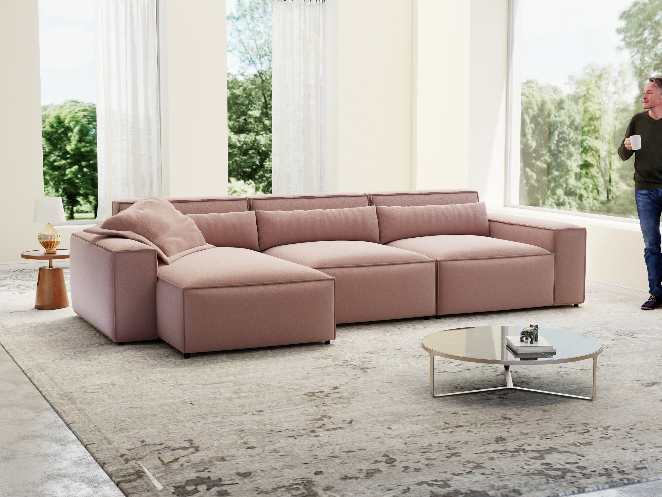 Colțar dumonde cu sezut confortabil din spuma HR, Marvelo XL Royal Roz 366x175 cm