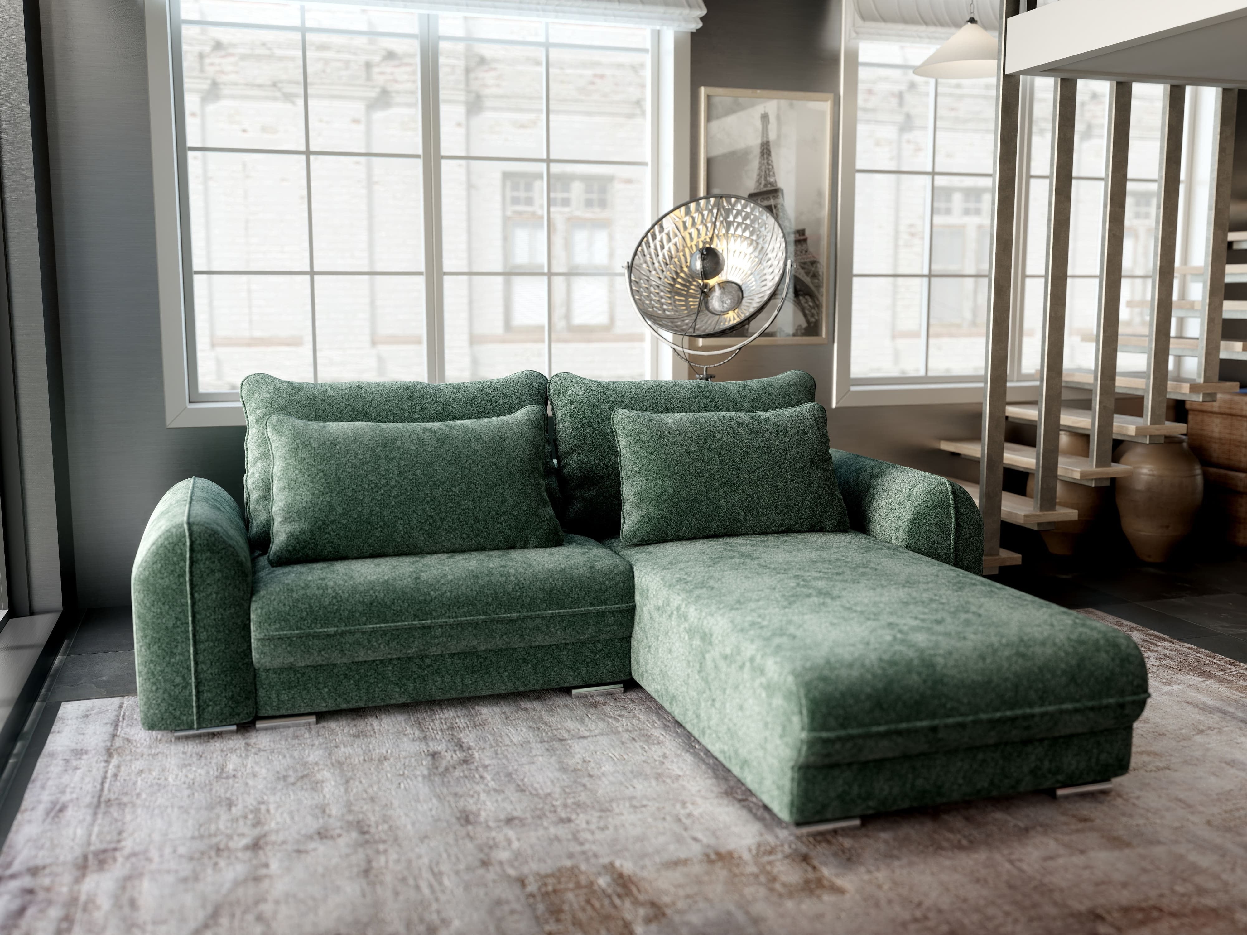 Colțar extensibil dumonde cu ladă de depozitare si sezut confortabil din spuma HR, Denver Euphoria Verde 275x185 cm II Fabrica