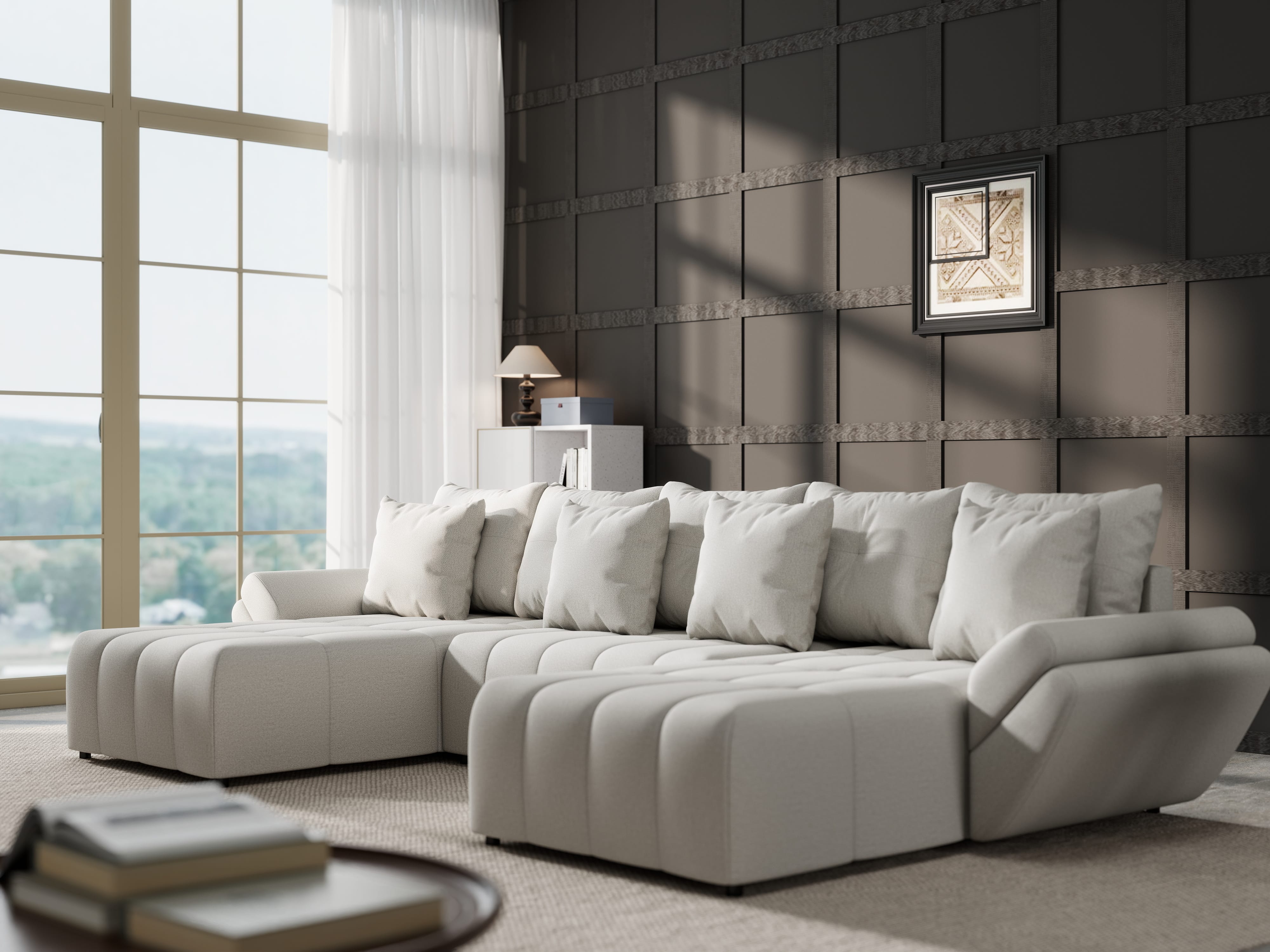 Colțar extensibil dumonde cu ladă de depozitare si sezut confortabil din spuma HR, Berlin U Enjoy Bej 380x180 cm Fabrica