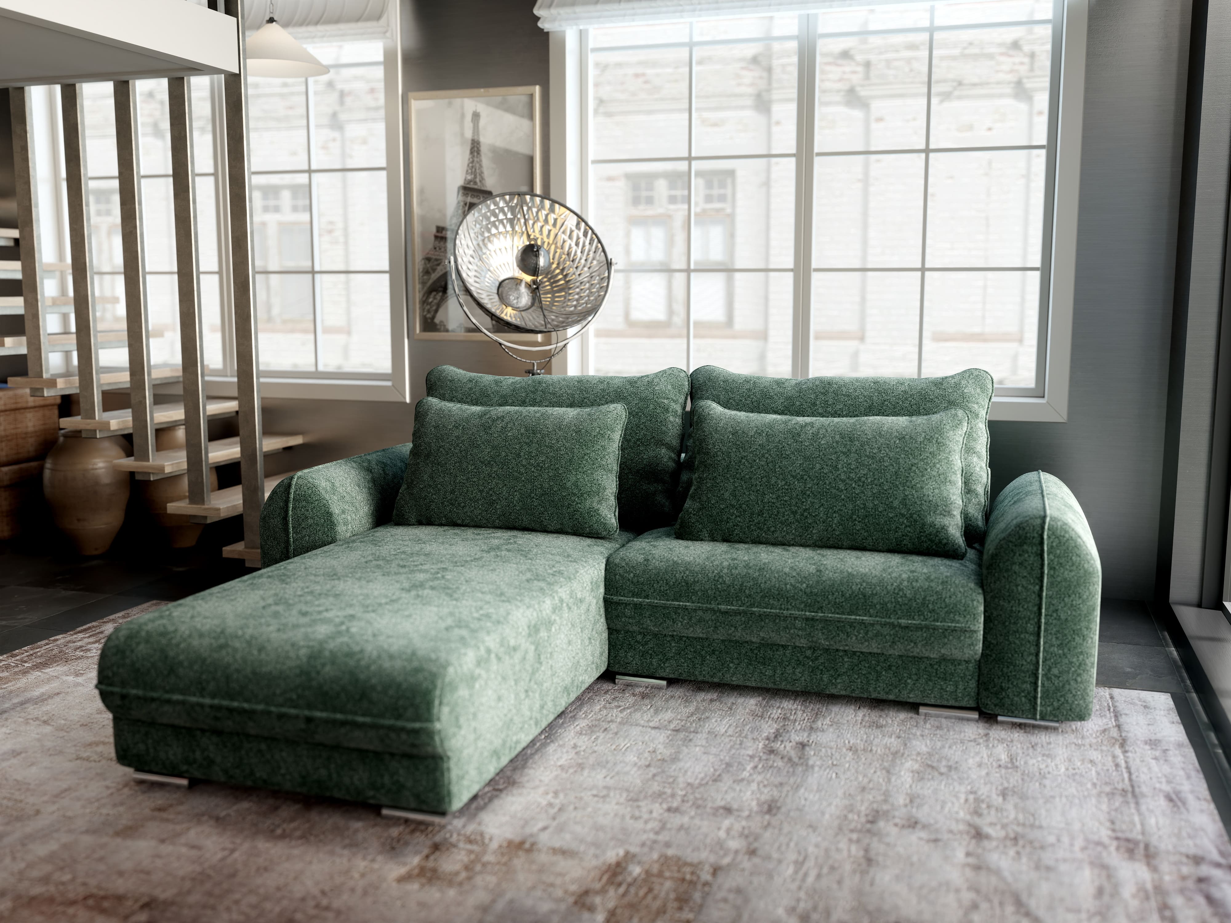 Colțar extensibil dumonde cu ladă de depozitare si sezut confortabil din spuma HR, Denver Euphoria Verde 275x185 cm Fabrica