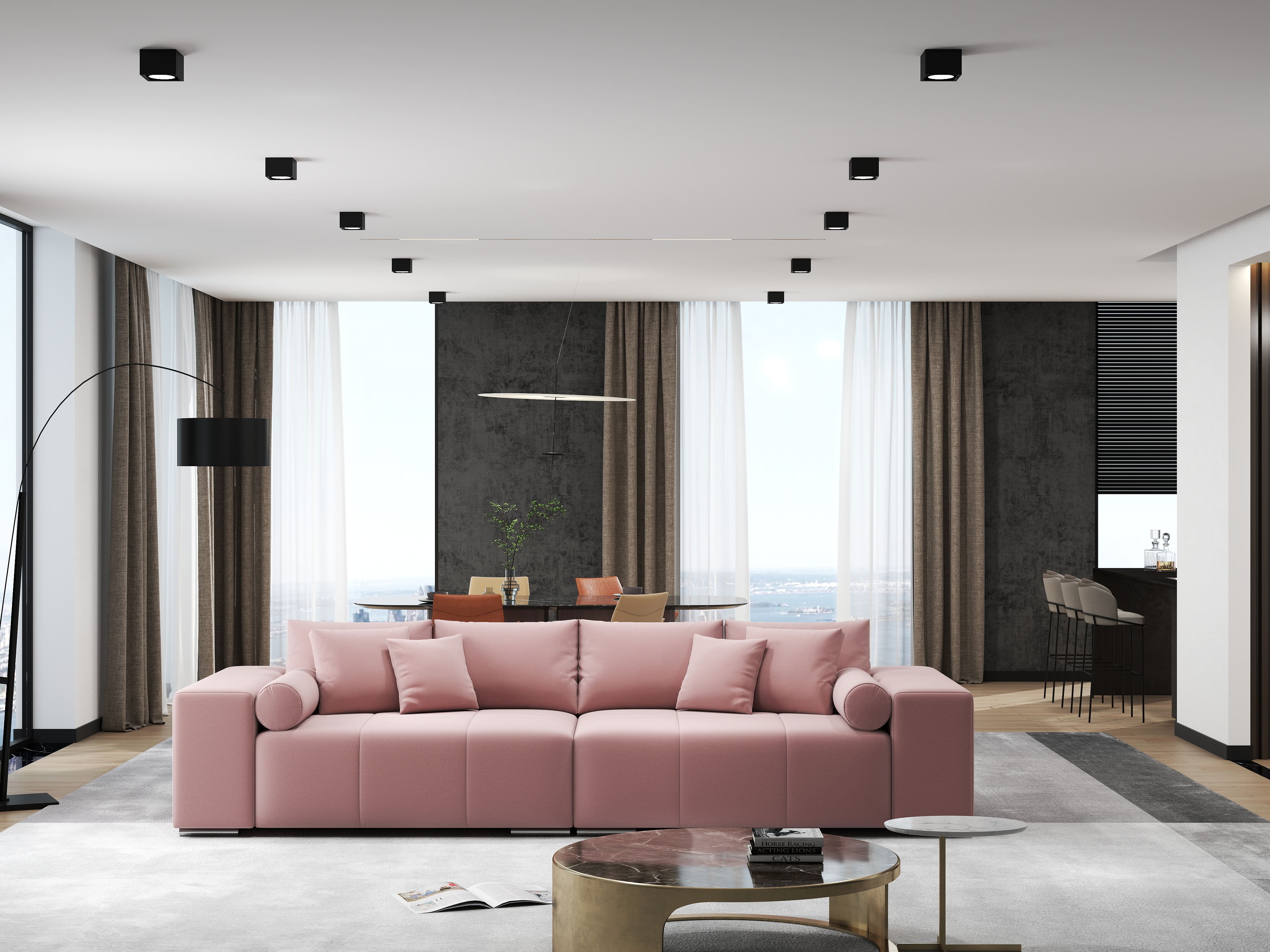 Canapea extensibilă dumonde cu ladă de depozitare si sezut confortabil din spuma HR, Marbela Royal Roz XXL 295x100 cm fabrica