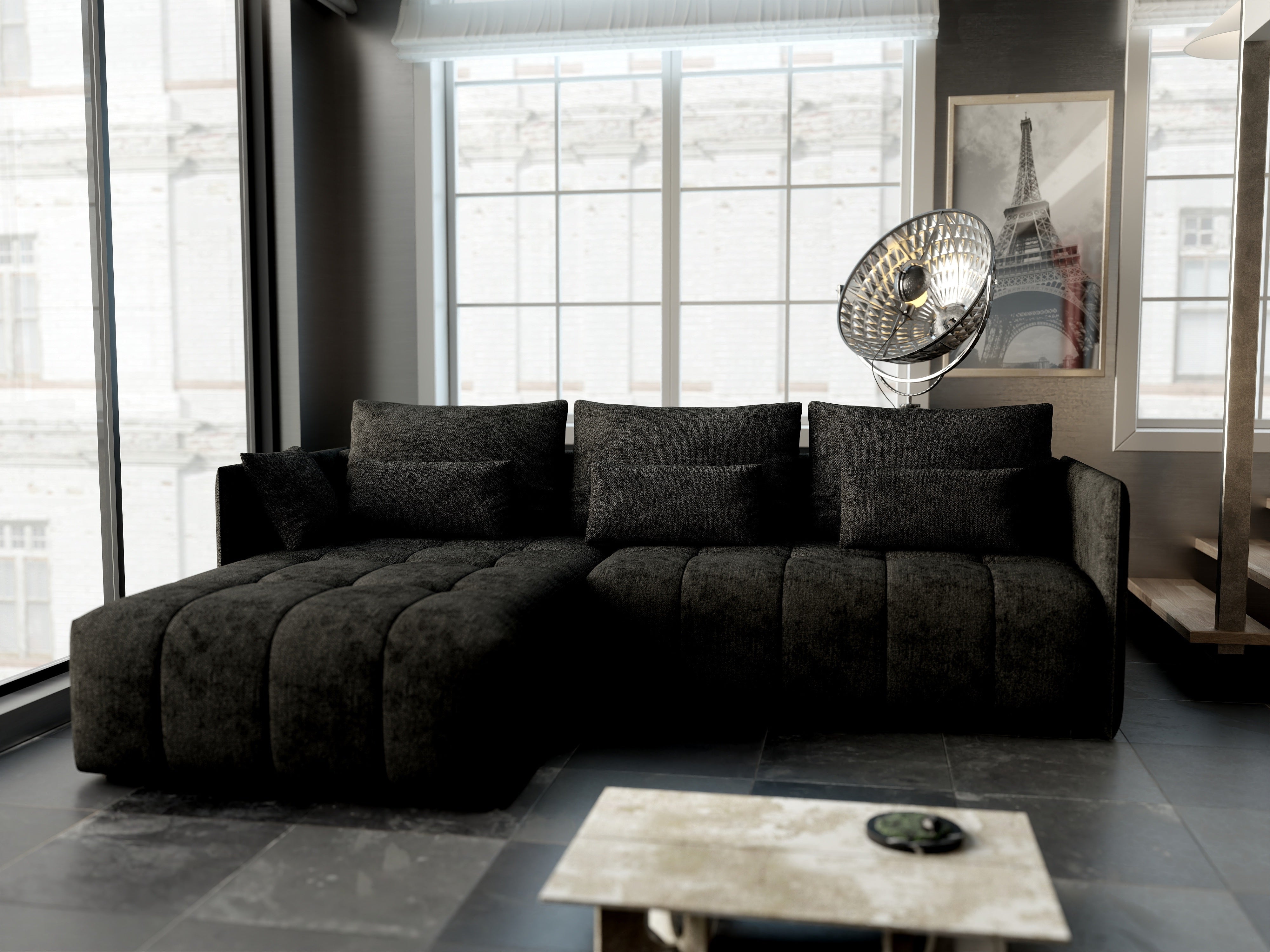 Colțar extensibil dumonde cu ladă de depozitare si sezut confortabil din spuma HR, Malta Enjoy Black 235x185 cm Fabrica