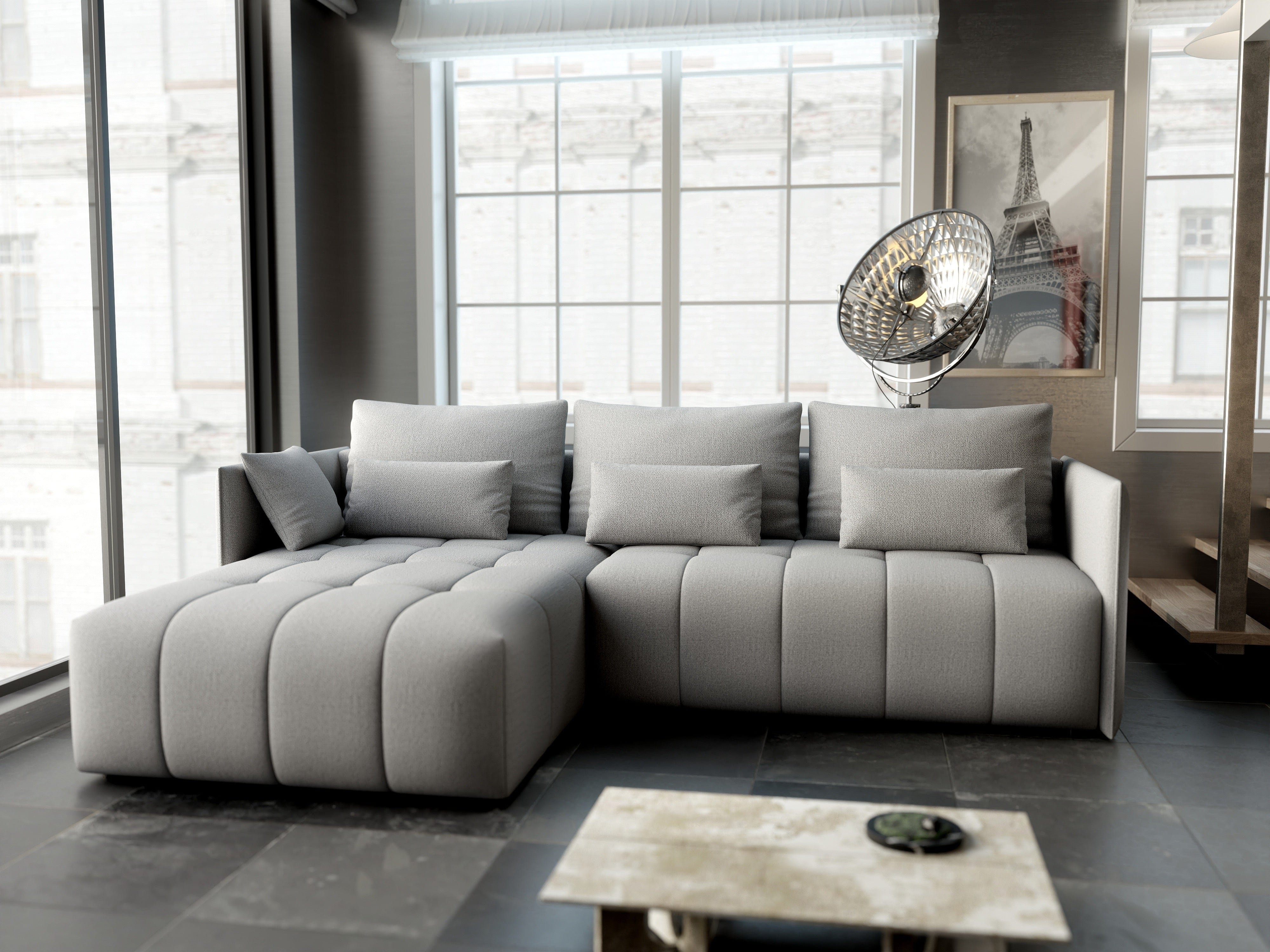 Colțar extensibil dumonde cu ladă de depozitare si sezut confortabil din spuma HR, Malta Enjoy Silver II 235x185 cm Fabrica