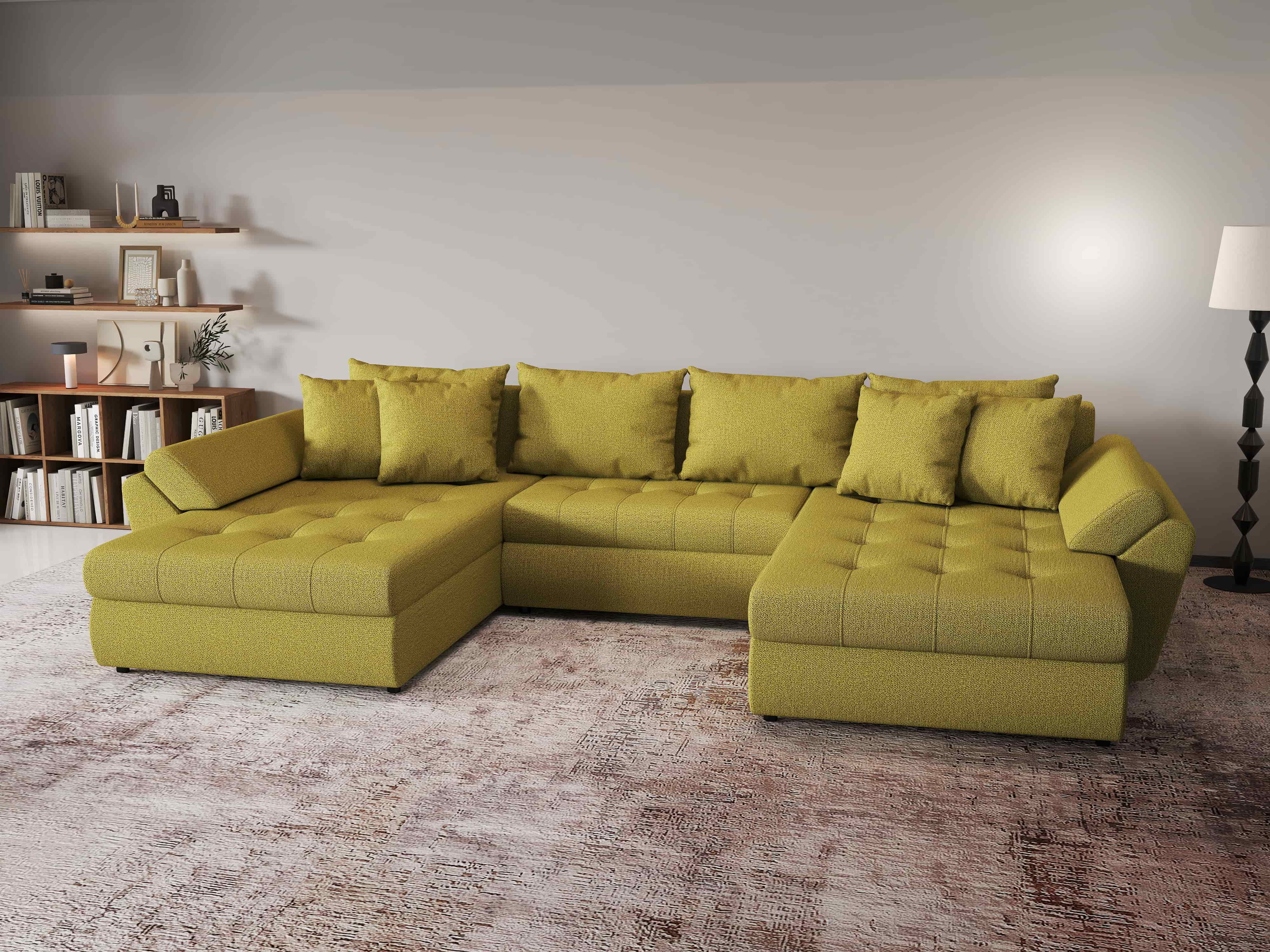 Colțar extensibil dumonde cu ladă de depozitare si sezut confortabil din spuma HR, Loana U Green Lux 355x185 cm Fabrica