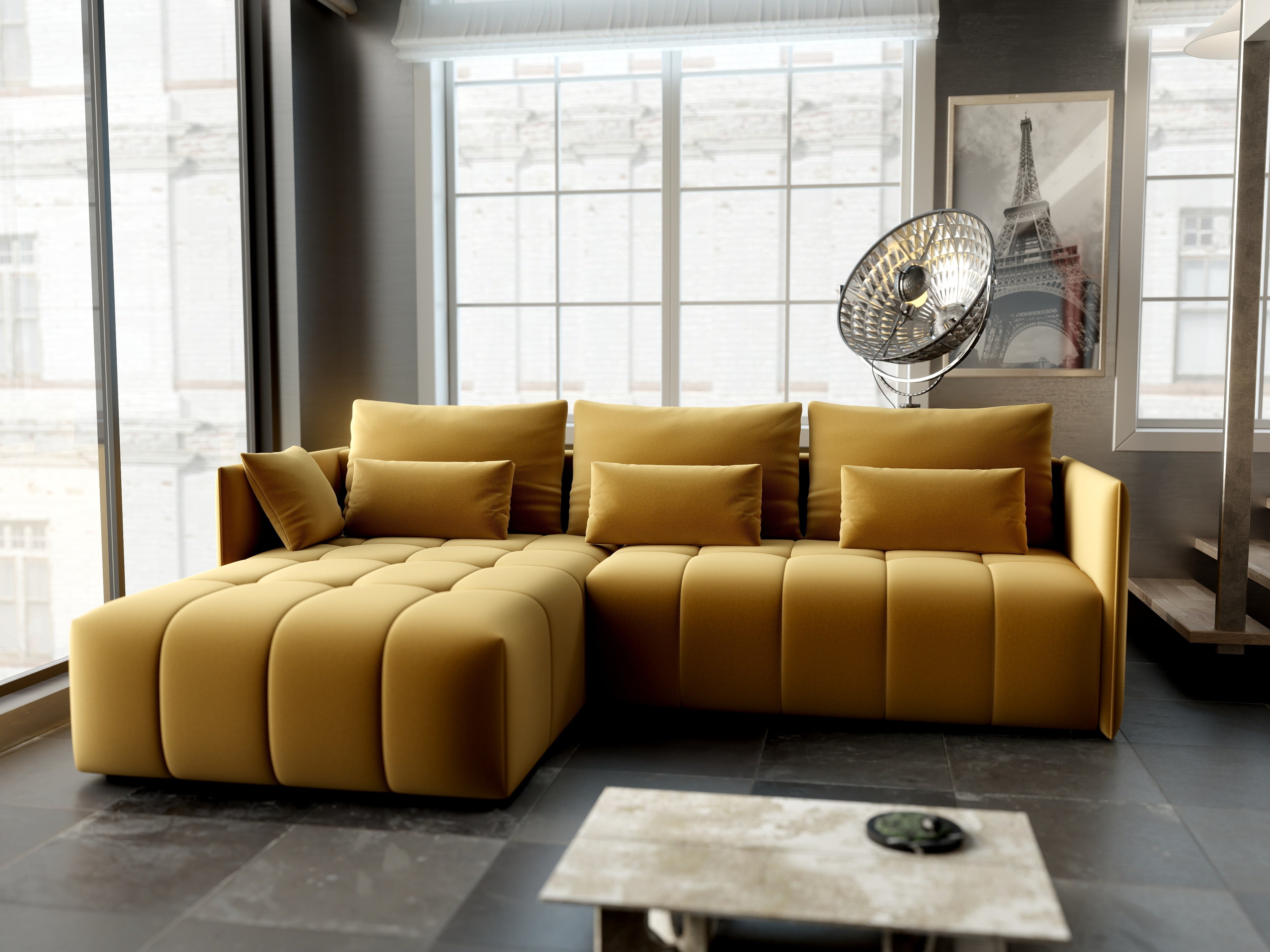 Colțar extensibil dumonde cu ladă de depozitare si sezut confortabil din spuma HR, Malta Muștar 235x185 cm Fabrica