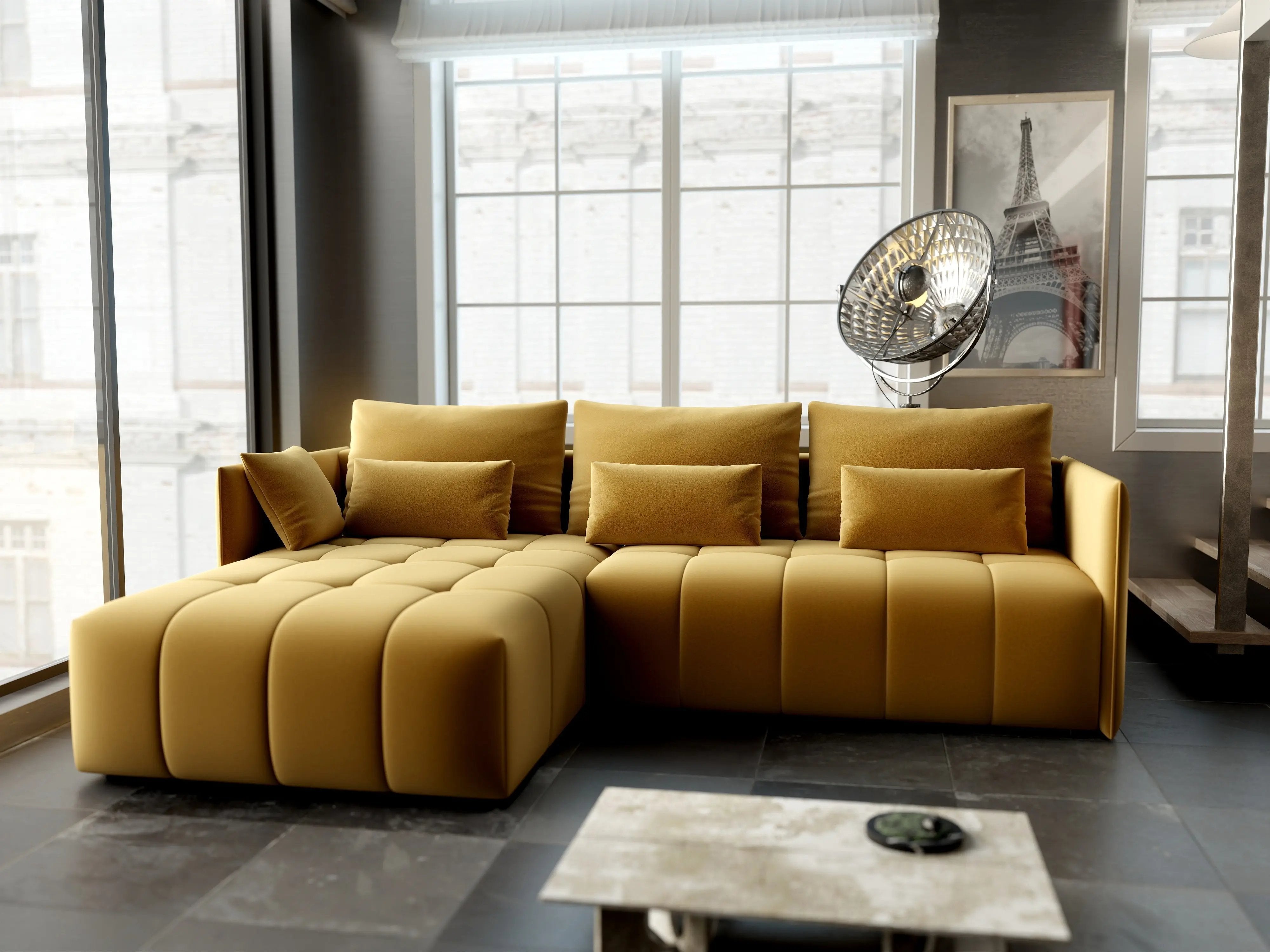 Colțar extensibil dumonde cu ladă de depozitare si sezut confortabil din spuma HR, Malta Royal Muștar 235x185 cm Fabrica