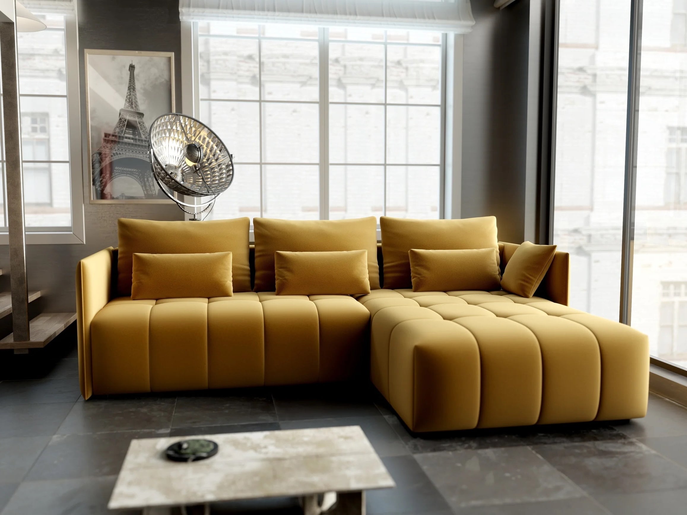 Colțar extensibil dumonde cu ladă de depozitare si sezut confortabil din spuma HR, Malta Royal Muștar II 235x185 cm Fabrica