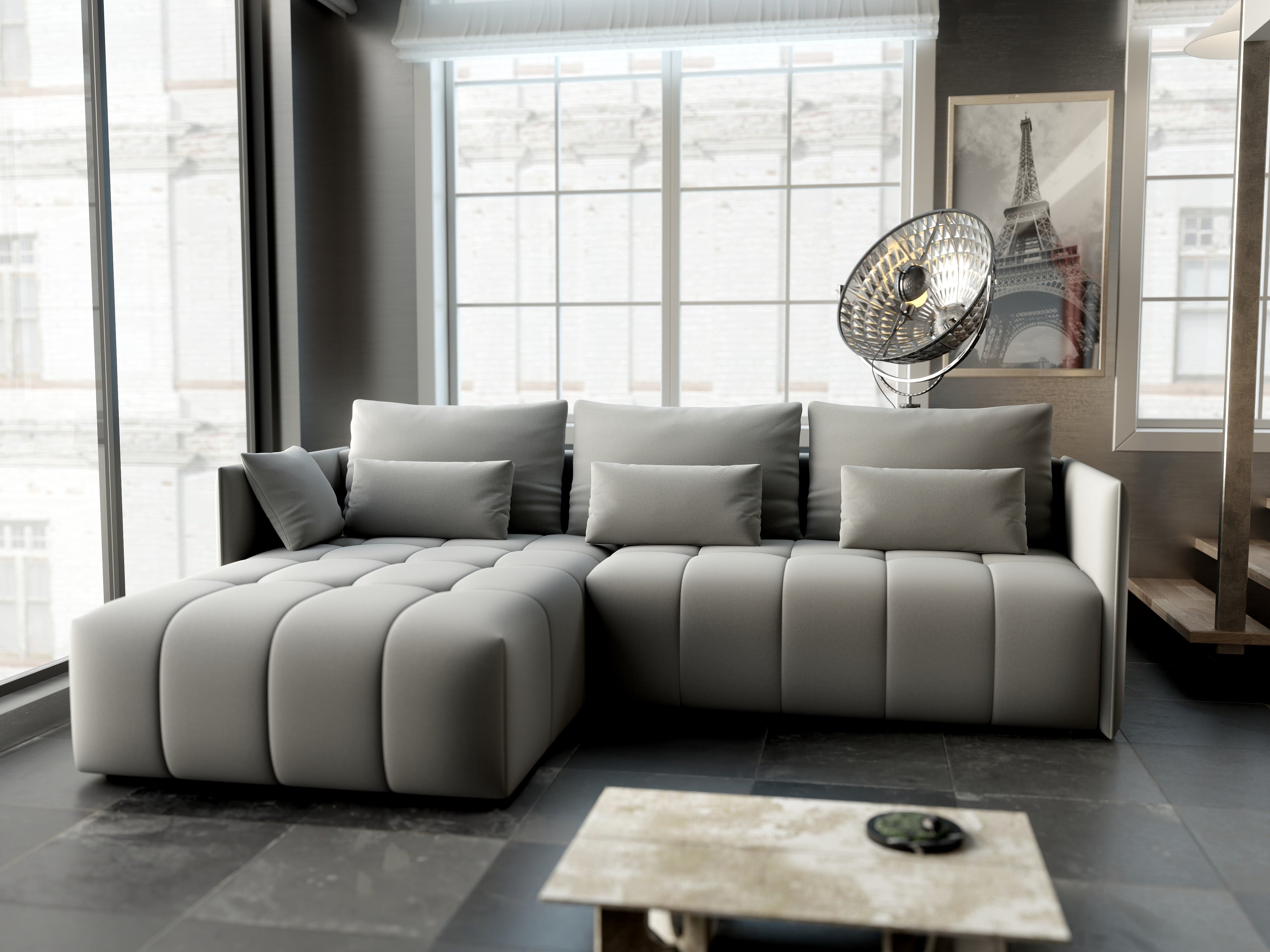 Colțar extensibil dumonde cu ladă de depozitare si sezut confortabil din spuma HR, Malta Royal Grey 235x185 cm Fabrica