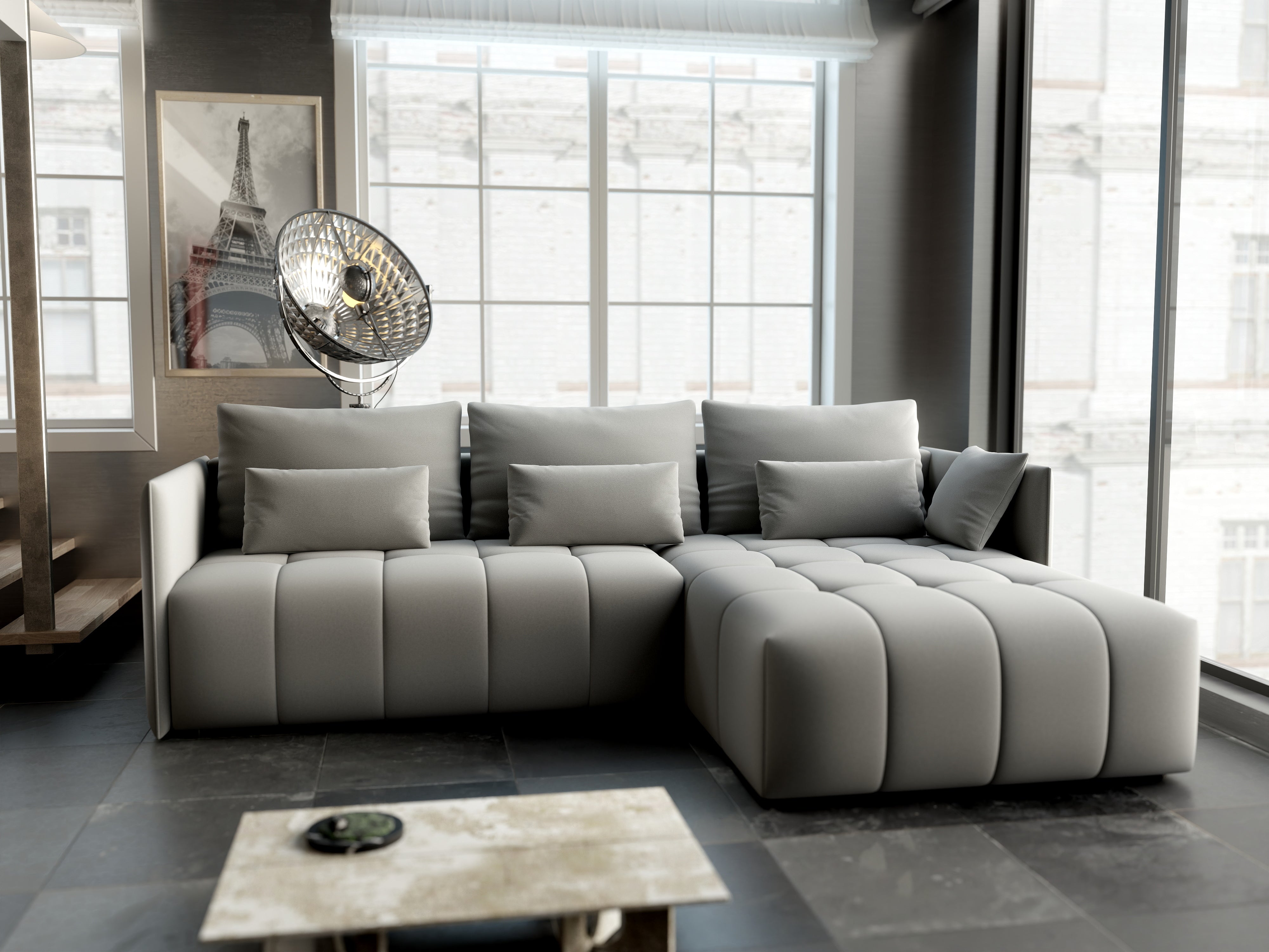Colțar extensibil dumonde cu ladă de depozitare si sezut confortabil din spuma HR, Malta Royal Grey II 235x185 cm Fabrica