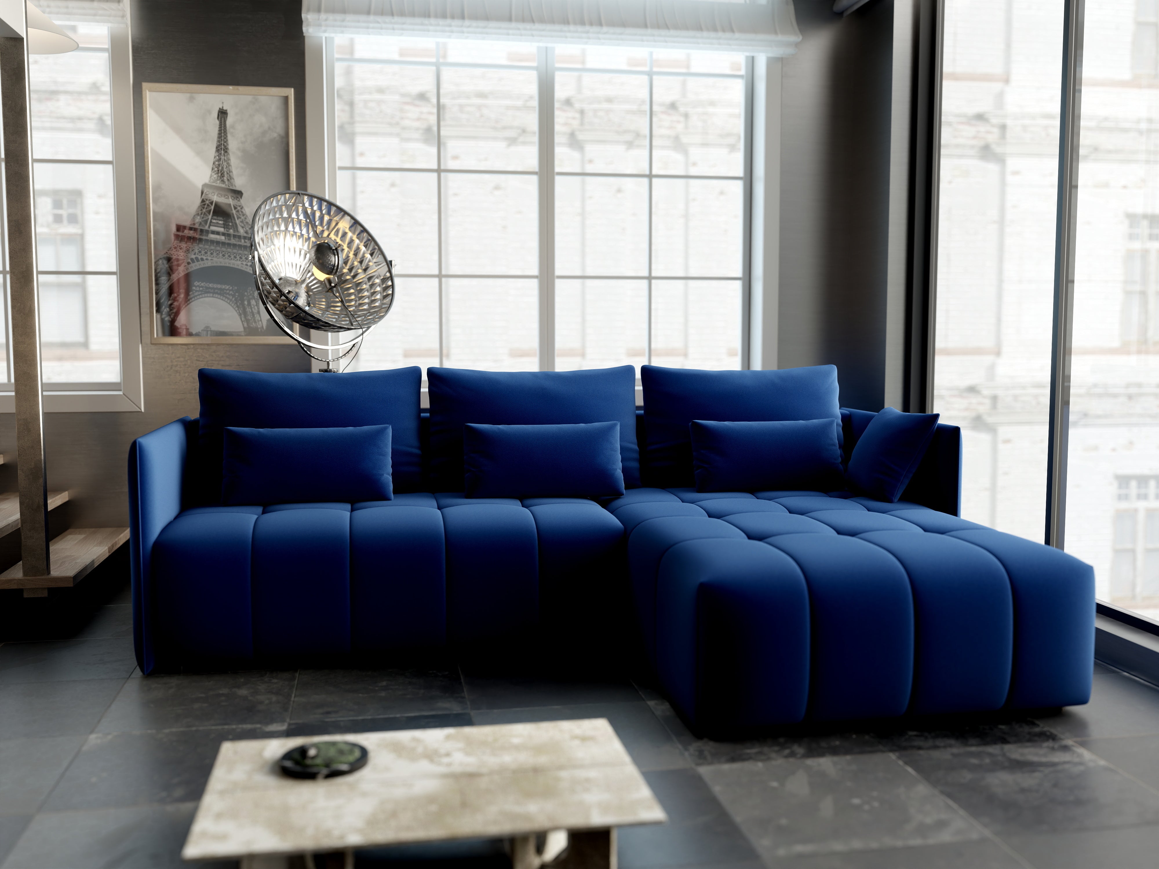 Colțar extensibil dumonde cu ladă de depozitare si sezut confortabil din spuma HR, Malta Royal Blue II 235x185 cm Fabrica