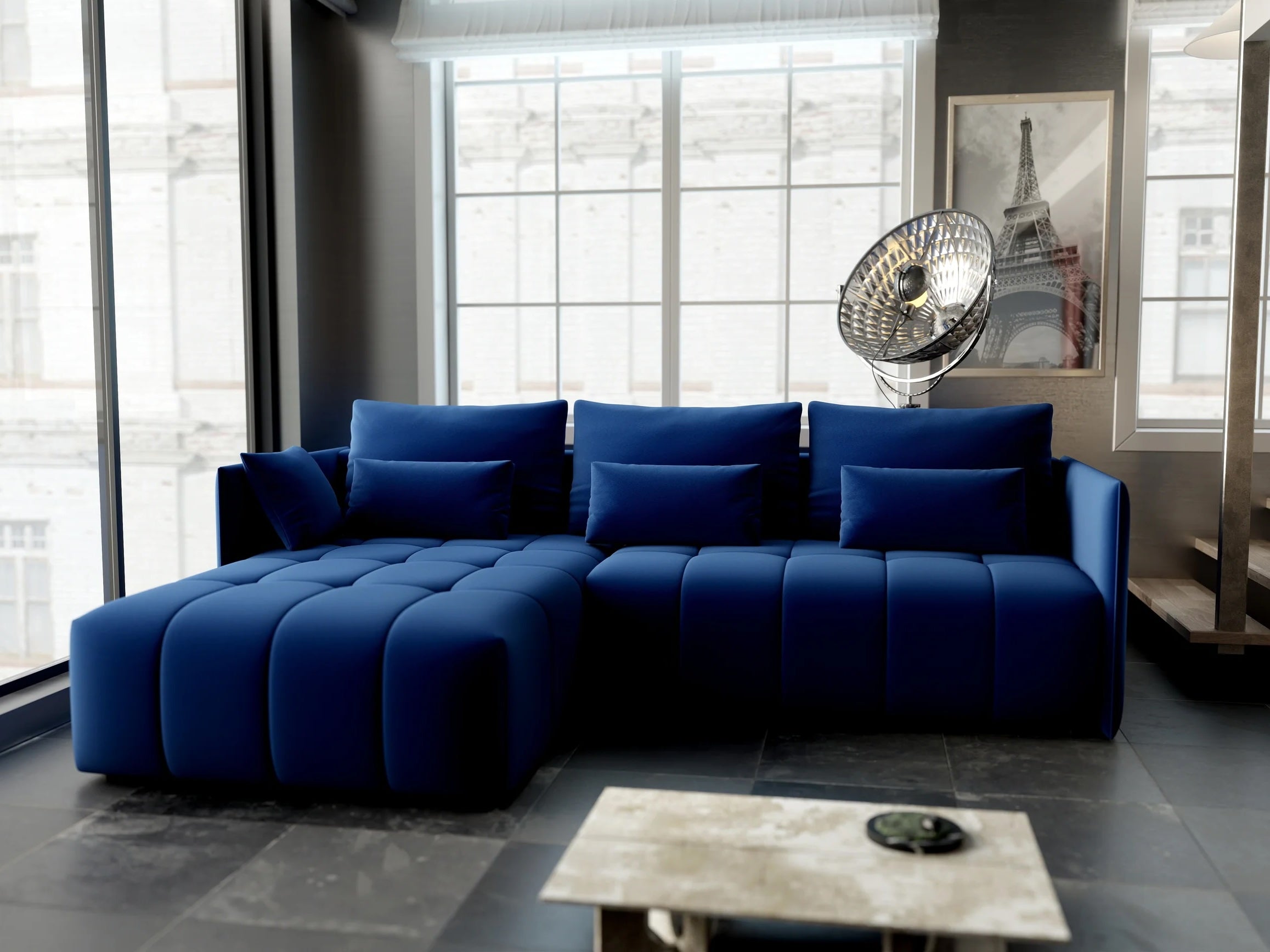 Colțar extensibil dumonde cu ladă de depozitare si sezut confortabil din spuma HR, Malta Royal Blue 235x185 cm Fabrica